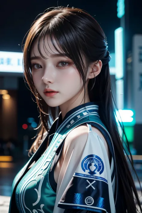 Masterpiece，The best qualities，Very high resolution，8K，((Portrait))，((Head close-up))，Original photo，real photo，数码摄影， (Cyberpunk-style female cops of the future world)，(Fighting girl)，22岁少女，(Long hair in a casual style，Blue)，An eye rich in detail，((Lachrym...