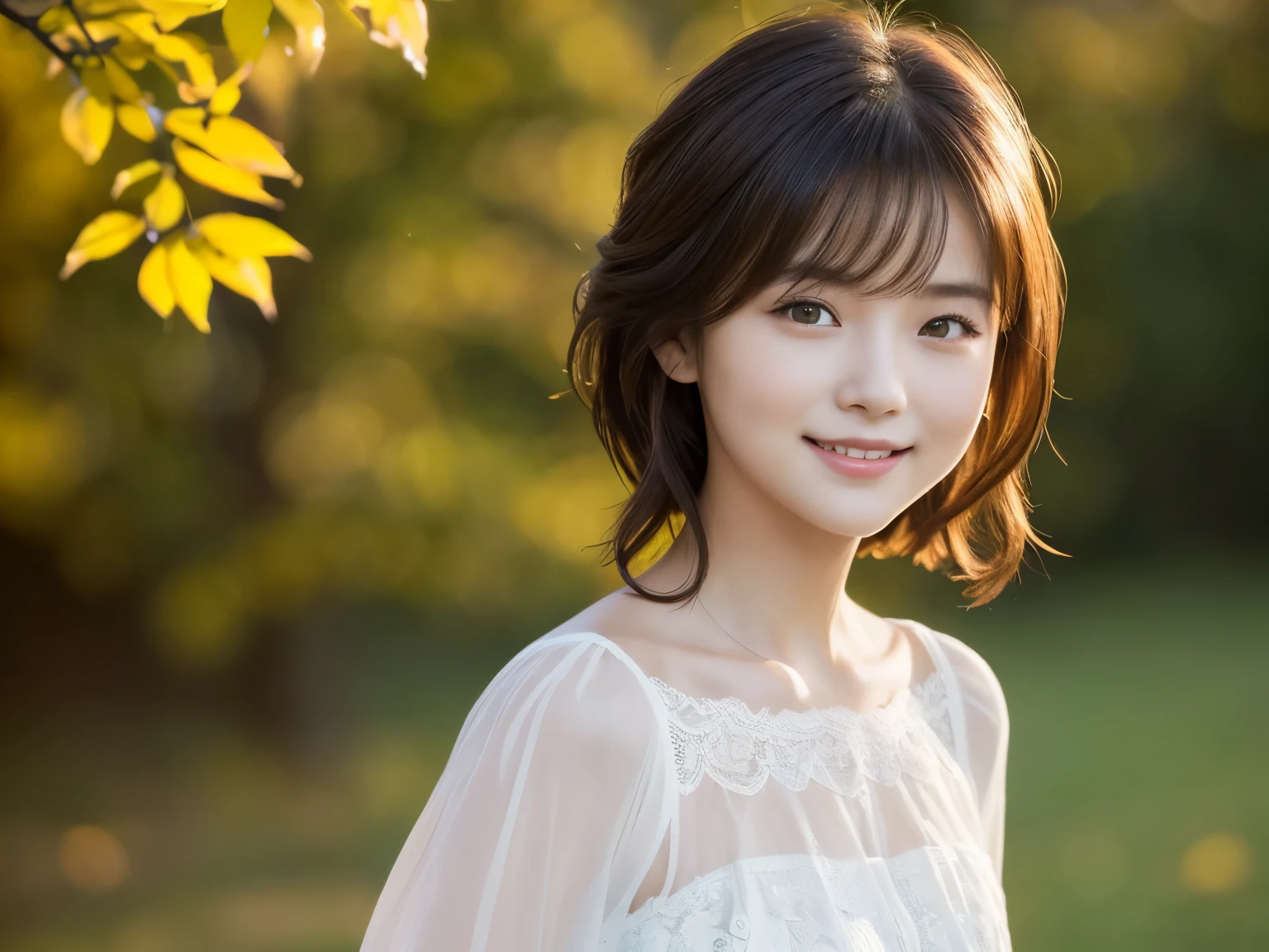 (Happy smile when looking at this、Under the autumn sky、casual clothes、(daydream), 1 girl, Solo Images, Kim Yoo-jung, (pretty young look (Russia)), Focus chest, (Insult Strip Color Hair), (lace dress), (Highly realistic detail face in 8k HD:1.5 (Soft Scene, Very low lightning), Detailed beautiful reflexed pupils, table top:1.3, Super high resolution:1.2, dynamic lighting)