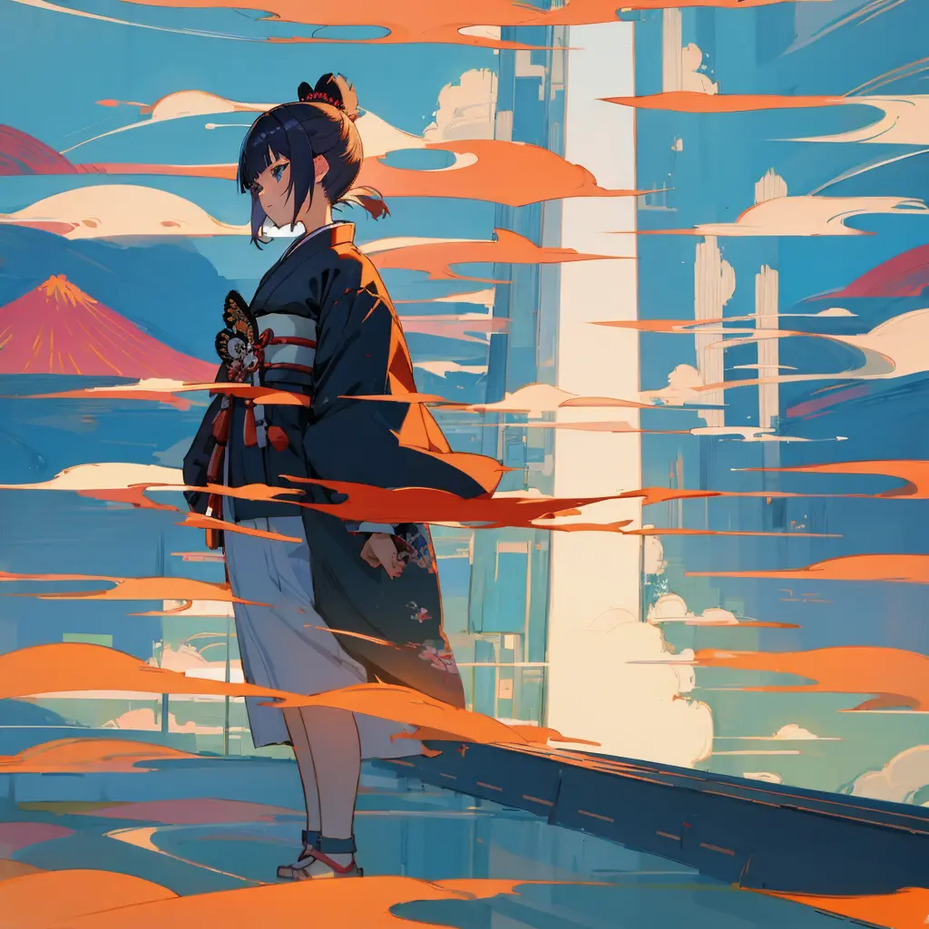samurai、Anime girl standing in an electronic landscape、Japanese style、Japan Harmony、near future、
