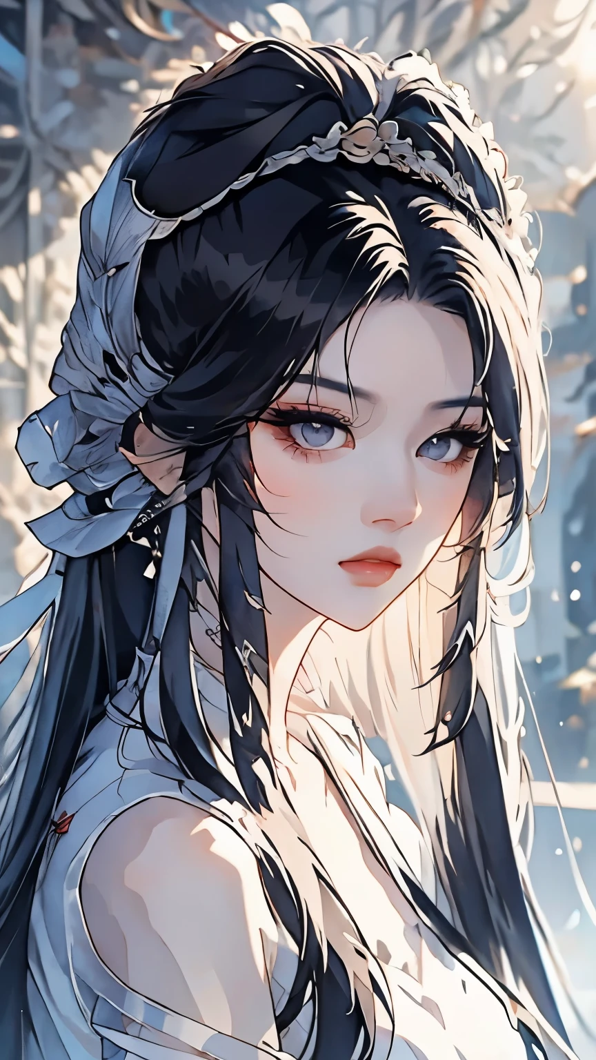 a close up of a woman cheveux longs wearing a white top, asian girl cheveux longs, anime girl cheveux longs, cheveux longs and piercing eyes, Chinoise, belle fille animée, oeuvre de style guweiz, cheveux longs, belle femme animée, guweiz, Filles d&#39;anime de la vraie vie, superbes portraits de visages d&#39;anime, jolie fille anime