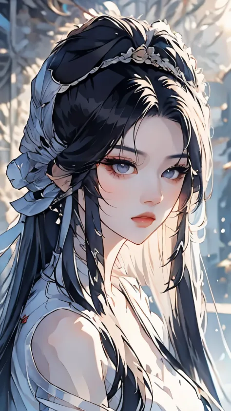 a close up of a woman long hair wearing a white top, asian girl long hair, anime girl long hair, long hair and piercing eyes, Ch...