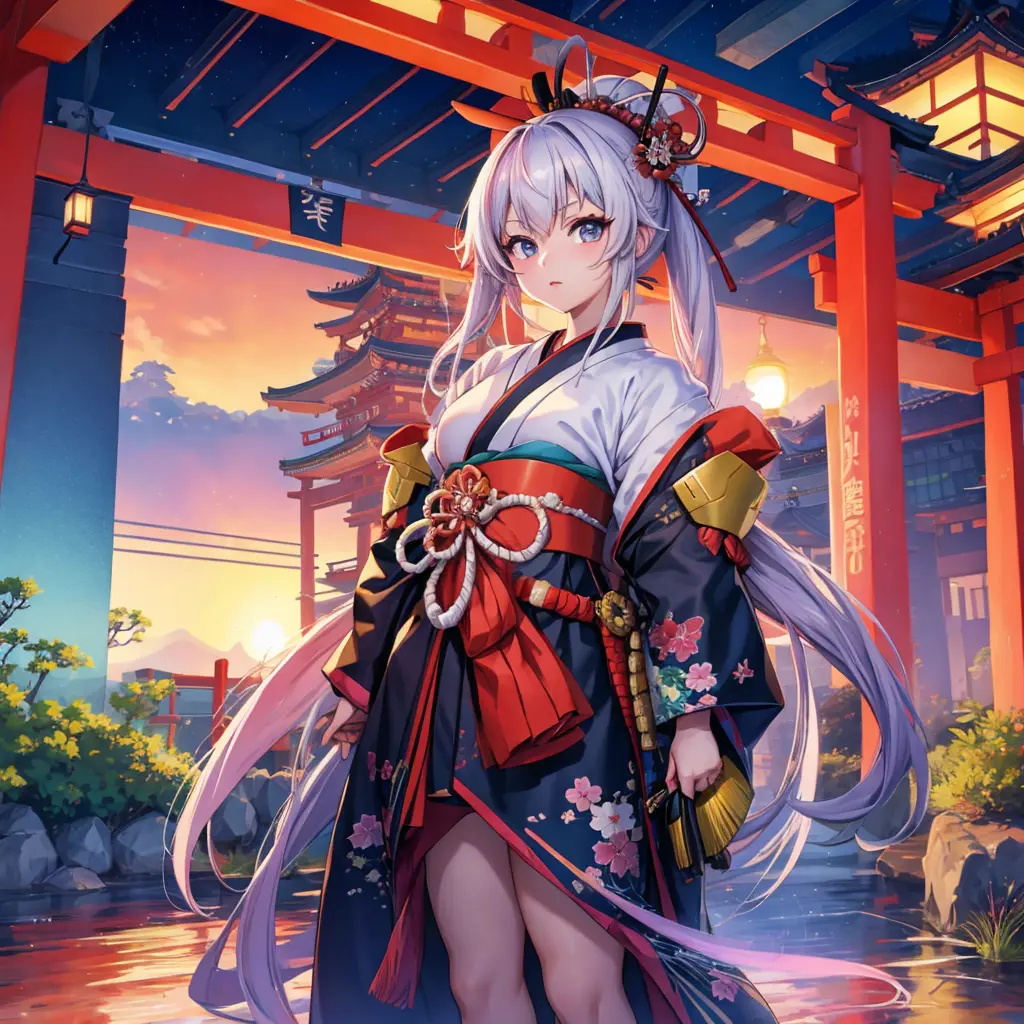 samurai、Anime girl standing in an electronic landscape、Japanese style、Japan Harmony、near future、