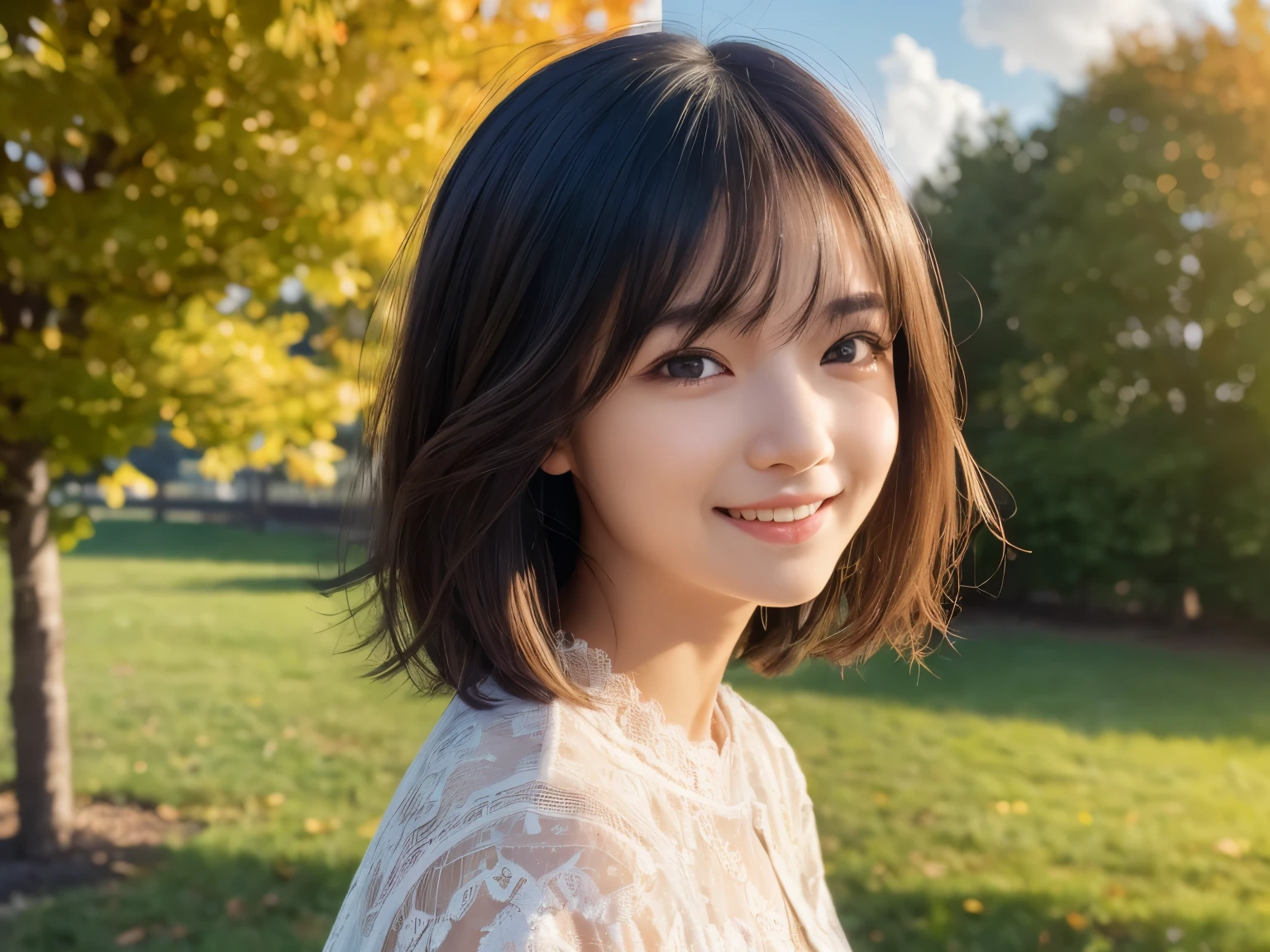 (Happy smile when looking at this、Under the autumn sky、casual clothes、(daydream), 1 girl, Solo Images, (pretty young look),15 years old, ((Esmanium)), bob hair,(Insult Strip Color Hair), (lace dress), (Highly realistic detail face in 8k HD:1.5 (Soft Scene), Detailed beautiful reflexed pupils, table top:1.3, Super high resolution:1.2, dynamic lighting)