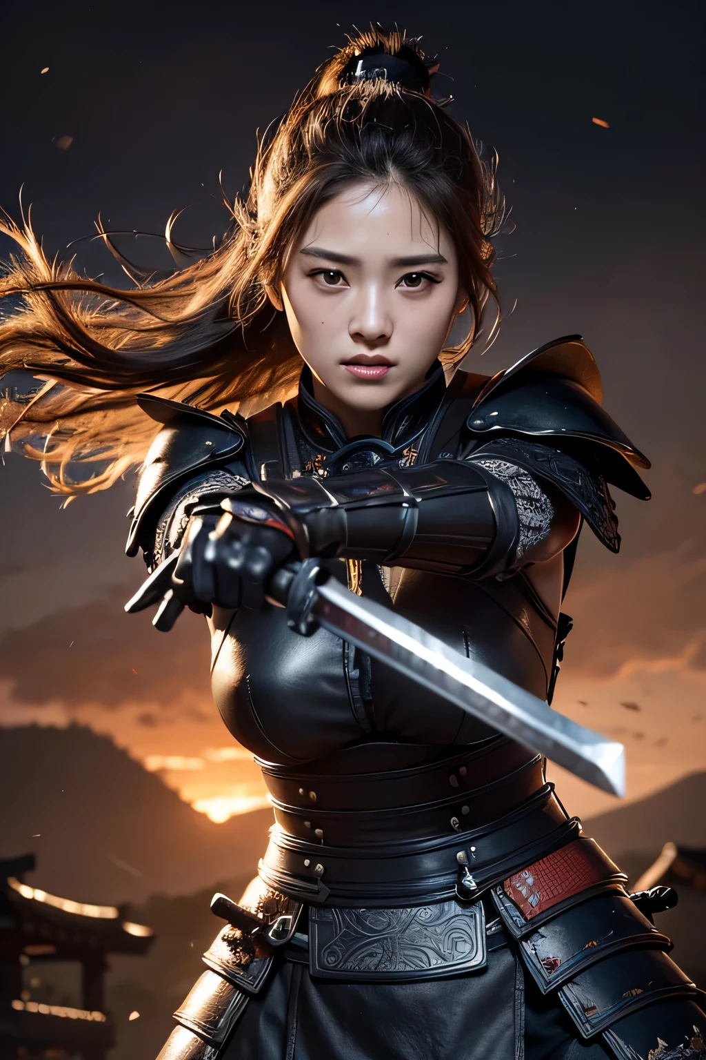 (highest quality,8K,masterpiece),
dynamic shot,warrior,Pose with movement,dynamic pose,
perfect face,realistic skin,perfect hands,
big breasts,
black armor,Detailed details,intricate details,
professional lighting,