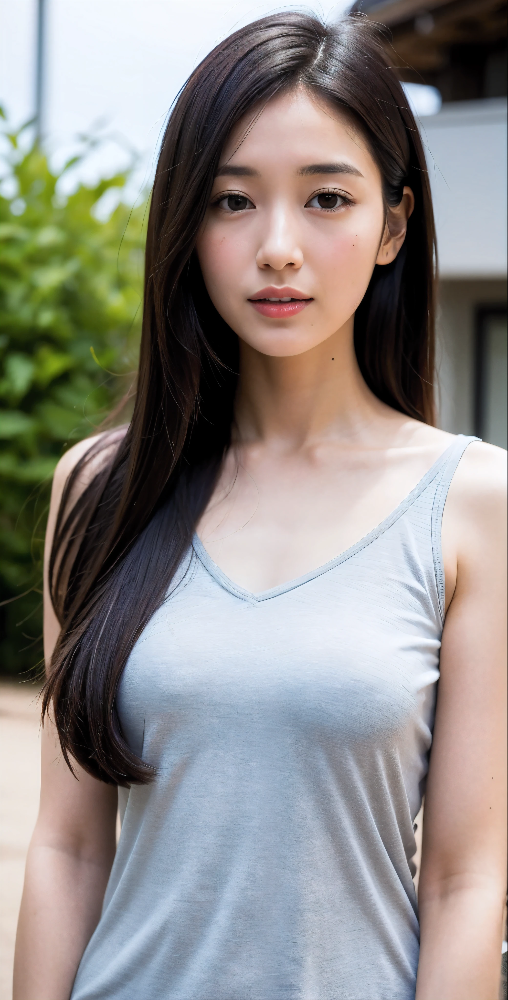 A close up of a woman with long hair wearing a tank top - SeaArt AI