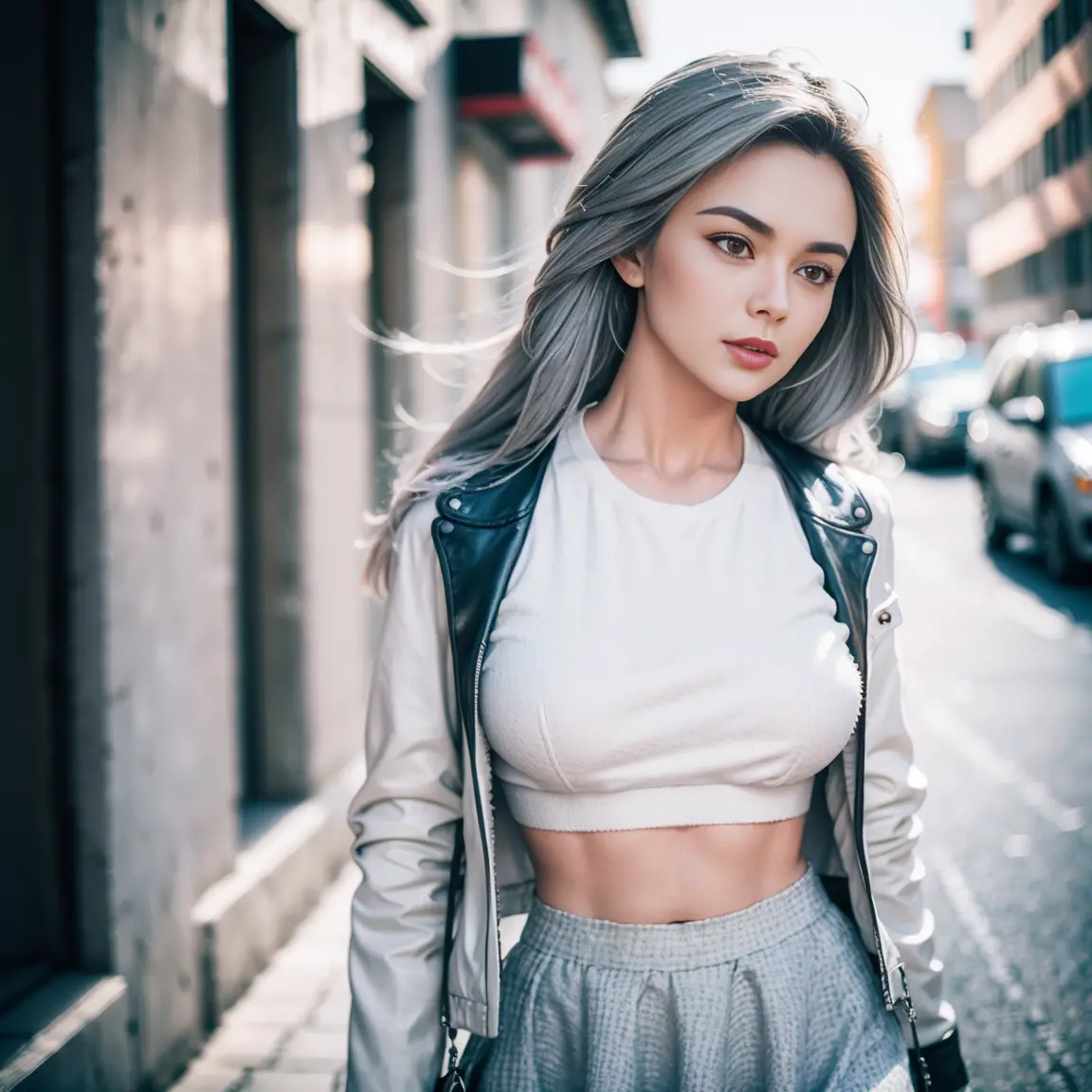 gorgeous cute Austrian girl, (crop  top), Steel gray hair loose  hair, wears a white top ,black boots, standing on the street, w...