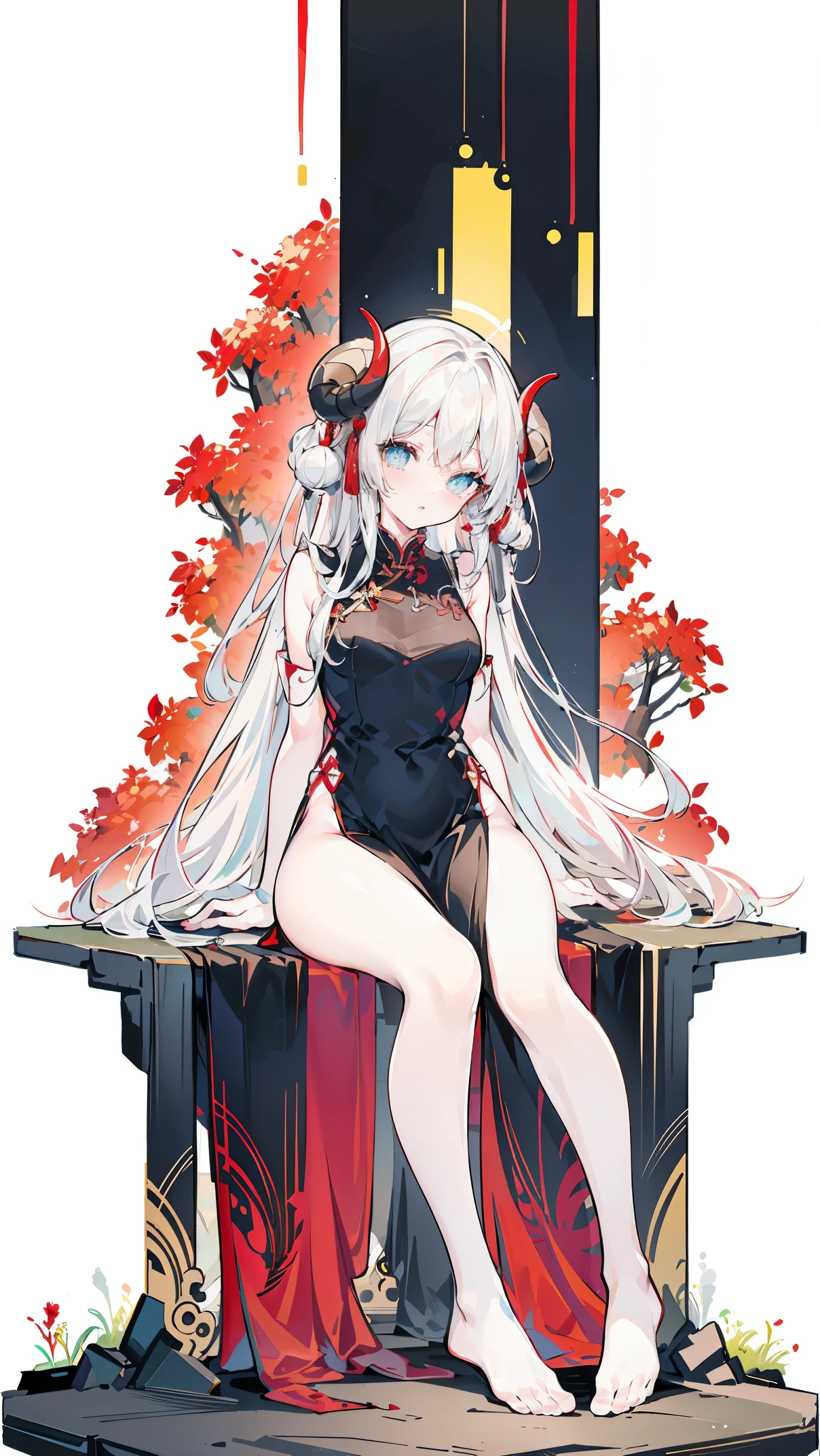 a girl，Sheep&#39;s horn, full color,  long white hair, Red eyes ，Eyeliner,  black transparent clothes, Red, open air, Rose, night, ruins, Butterfly，mine same as the original, mine, , (:1.2)
rest, (cheongsam), (view from below), (Put your arms behind your back), (wild lift), thin dress, Crotch cutout, best quality, high resolution, unified 8k wallpaper, (illustration:0.8), (Beautiful and delicate eyes:1.6), extremely detailed face, perfect lighting, Very detailed cg, (perfect hands, perfect anatomy),soles of feet，sitting，blond，red lips，Acting cute，Close-up of feet，up-close，Complete feet