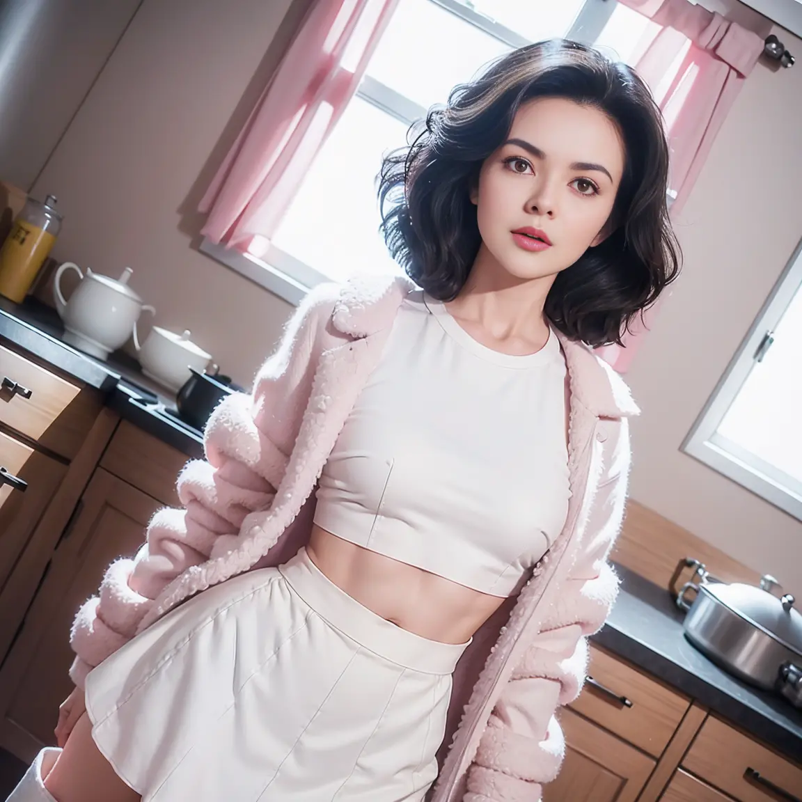 gorgeous cute Austrian girl, (crop  top), black hair loose  hair, wears a pink top , pink boots, standing in kitchen, white fluf...