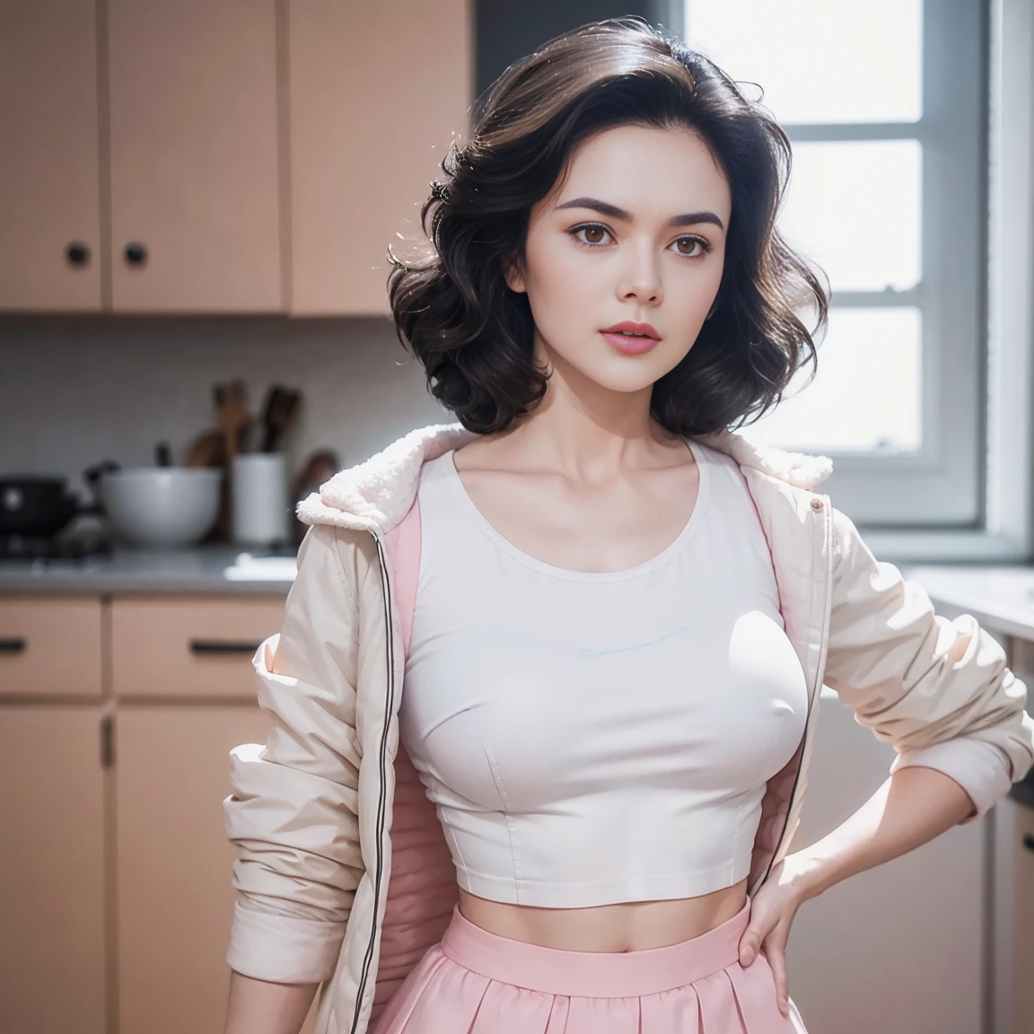 gorgeous cute Austrian girl, (crop  top), black hair loose  hair, wears a pink top , pink boots, standing in kitchen, white fluffy clothes, short skirt and long jacket  , looking back towards camera , perfectly symmetrical face, realistic detailed skin, 4k , HDR, hard shadows, art photography, sharp focus, masterpiece, breathtaking, atmospheric perspective, diffusion, pore correlation, skin imperfections, 80mm Sigma f2, depth of field, intricate natural lighting