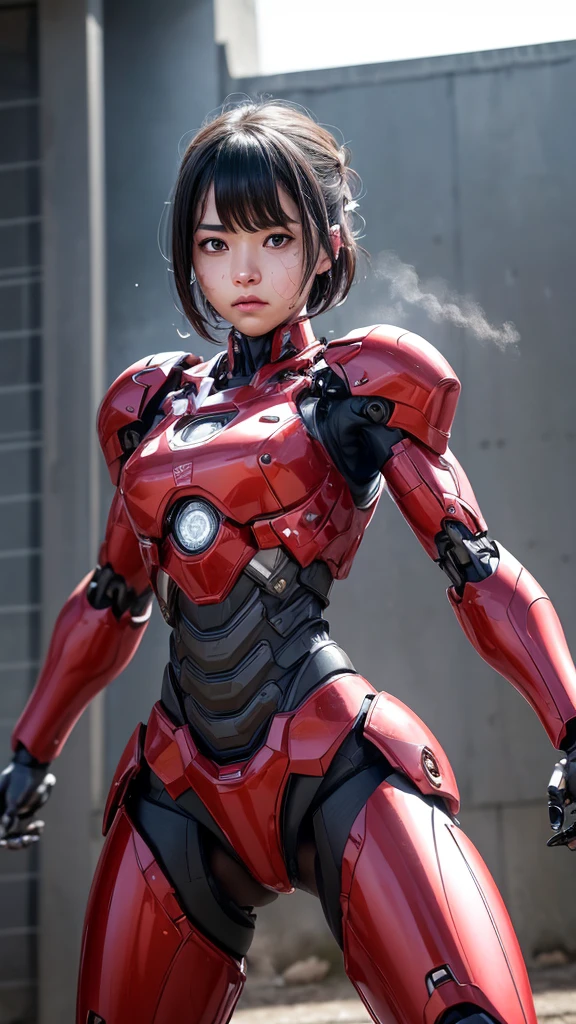 peau rugueuse, Super détaillé, détails avancés, Haute qualité, 最Haute qualité, haute résolution, 1080P, disque dur, Beau,(machine de guerre),Beauサイボーグの女性,Fille Cyborg Mecha Rouge,Lutte,Fille au corps mécanique,、Lycéenne　cheveux très courts、Yeux marron moites、Visage en sueur、expression d&#39;un traitement injuste　Mignon　cheveux noirs(De la vapeur sort de tout le corps)　((De la vapeur sort de ma tête)) (((De la vapeur sort de tout le corps))) Lunettes　s&#39;accroupir　Écartez vos jambes Écartez vos jambes　(la timidité)