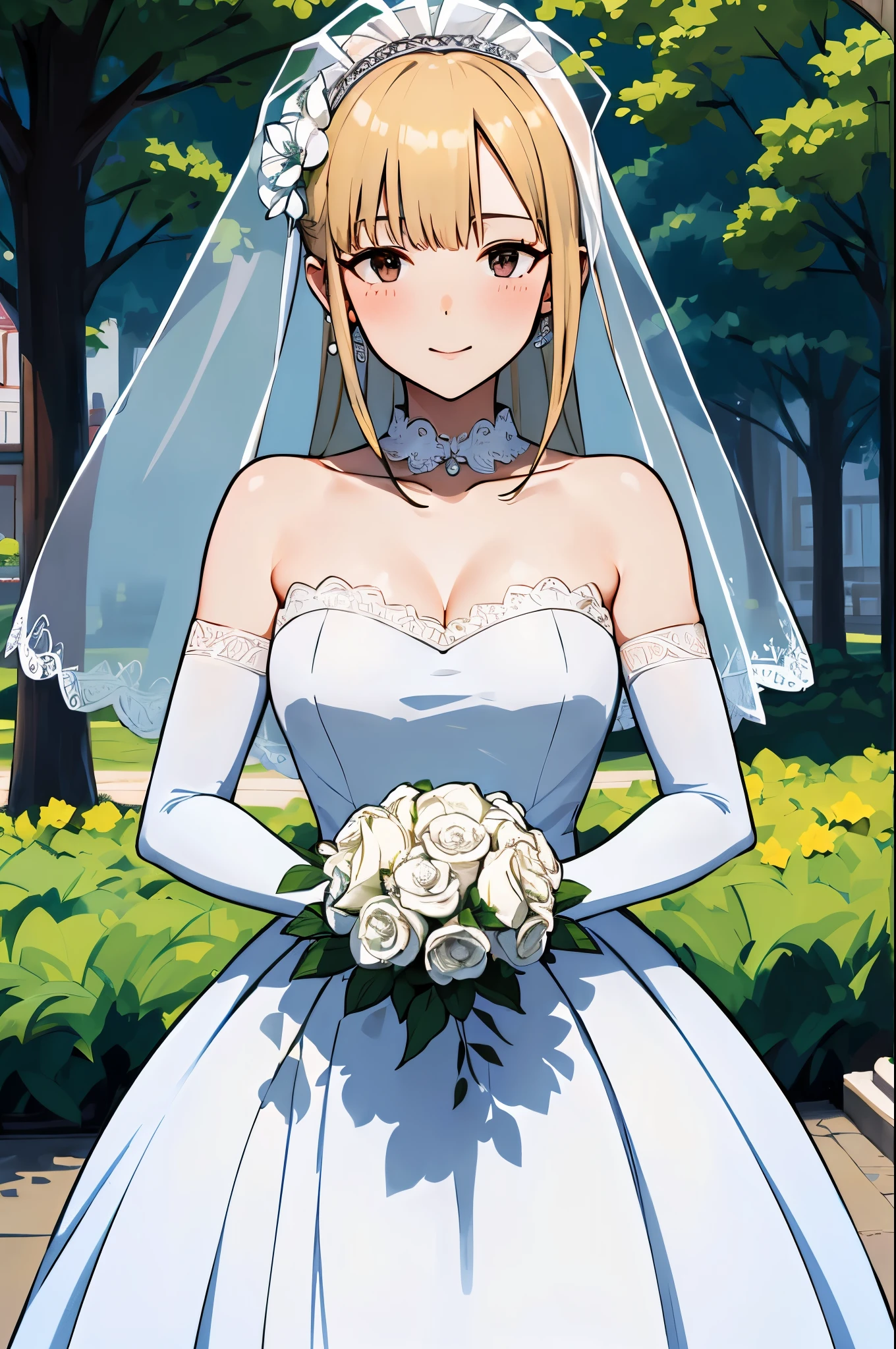 Anime bride in wedding dress with veil and flowers in hand - SeaArt AI