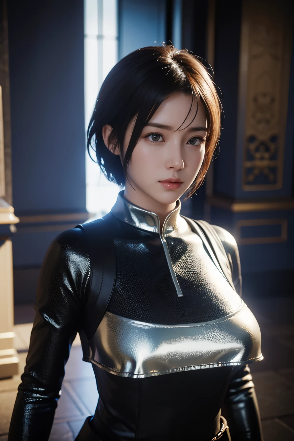 Game art，The best picture quality，Highest resolution，8K，((A bust photograph))，((Portrait))，(Rule of thirds)，Unreal Engine 5 rendering works， (The Girl of the Future)，(Female Warrior)，22岁少女，(Short hair of random color)，(A beautiful eye full of detail)，(Big breasts)，优雅迷人，微笑，脸红，(Clothes full of futuristic sci-fi style，Sweater，A delicate pattern，Glittering jewels)，赛博朋克人物，未来风格， 拍照姿势，街道背景，Movie lights，Ray tracing，Game CG，((3D Unreal Engine))，oc渲染反射纹