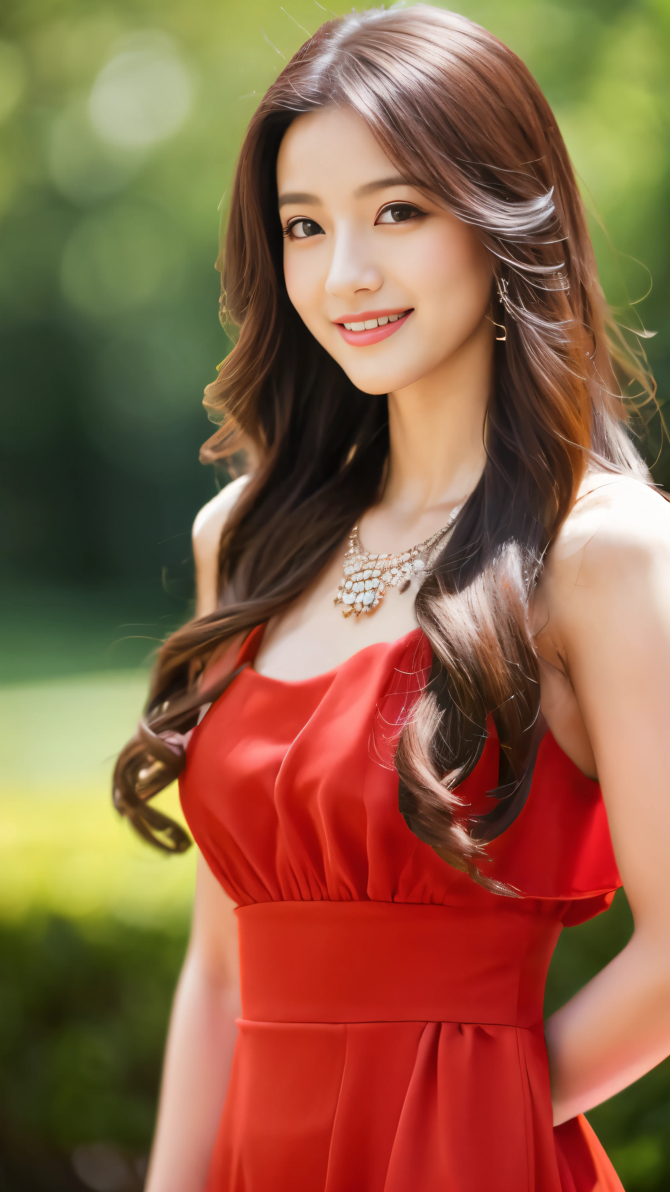 Delicate images, beautiful girl, long chestnut hair, wavy hairstyle, smile, necklace, Temperament, red dress,Full body high-definition painting,