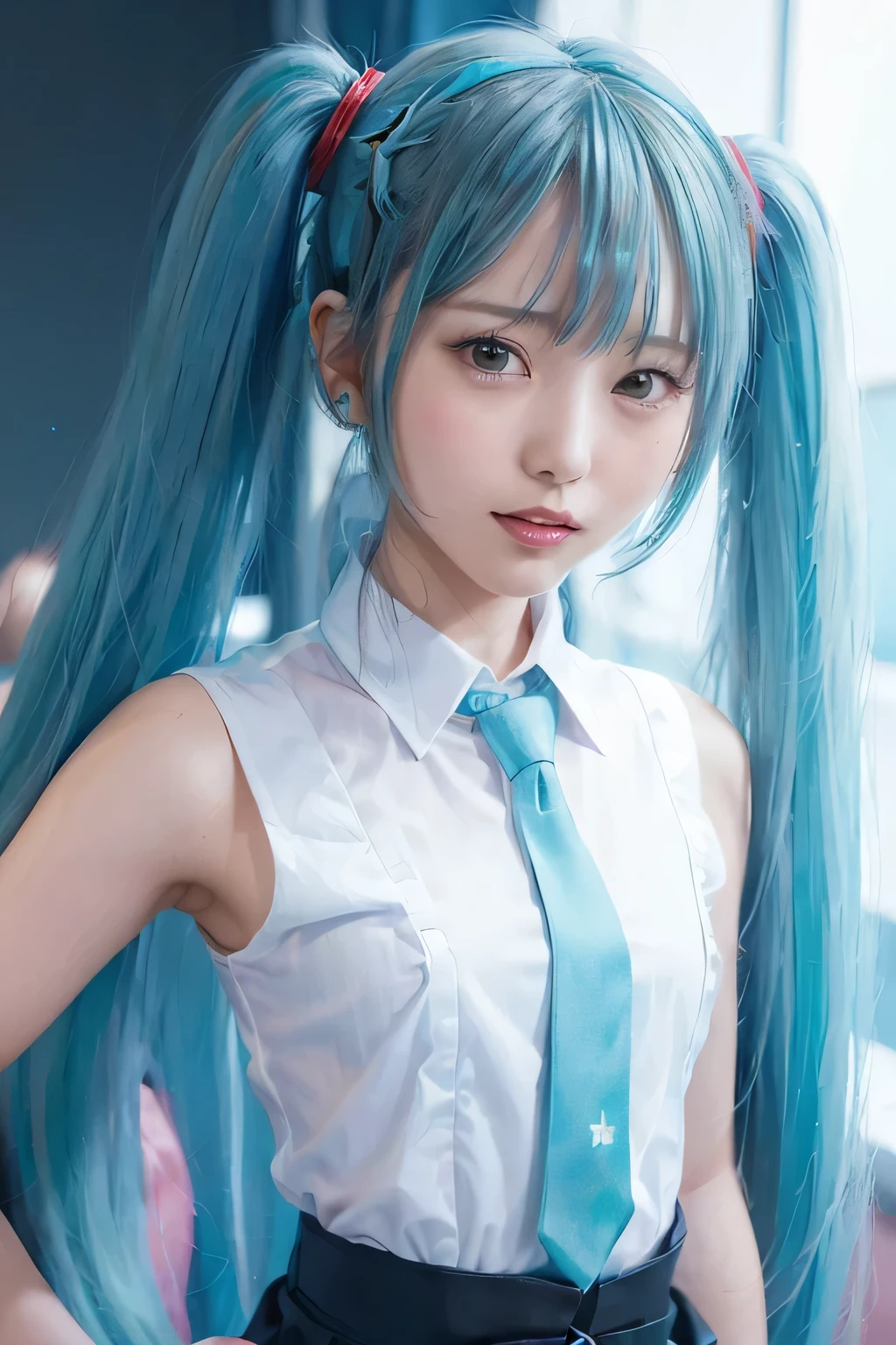 {The theme is Hatsune Miku}、(White Sleeveless Long Shirt:1.3)、turquoise tie、 (Red hairpin、twin tails、crazy turquoise long hair:1.3)、, shiny hair, expressive hair, crystal hair, gradient eyes, Artistic, conceptual art, glitter effect , shine, UHD, retina, masterpiece, Accurate, anatomically correct, Super detailed, high detail, fine skin,((flat body、slim、cute:1.3))、holographic background