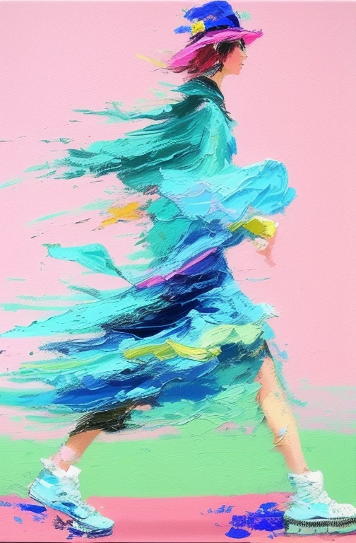 A person in the painting  wearing a pink dress、woman wearing hat walking, inspired by LeRoy Neiman,，her hair billowing in the wind,  The performance belongs to the impressionistic style, turquoise pink and, Palette knife painting, The artist captures fleeting moments in visual reality through the use of color，abstract figurative art，Creates vivid visual effects。