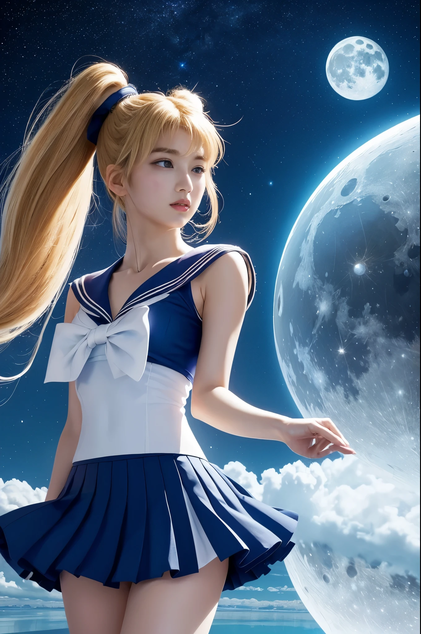 (Qualidade ultra-alta) (desenhado à mão) seios enormes,Sailor Moon está em uma superfície reflexiva、Lua branca brilhante no céu distante. A saia dela é azul、O top dela é branco e azul. Seu cabelo loiro é finalizado com dois rabos de cavalo bem longos
