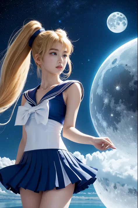 (Ultra high quality) (hand drawn) huge breasts,Sailor Moon stands on a reflective surface、Bright white moon in the distant sky. ...