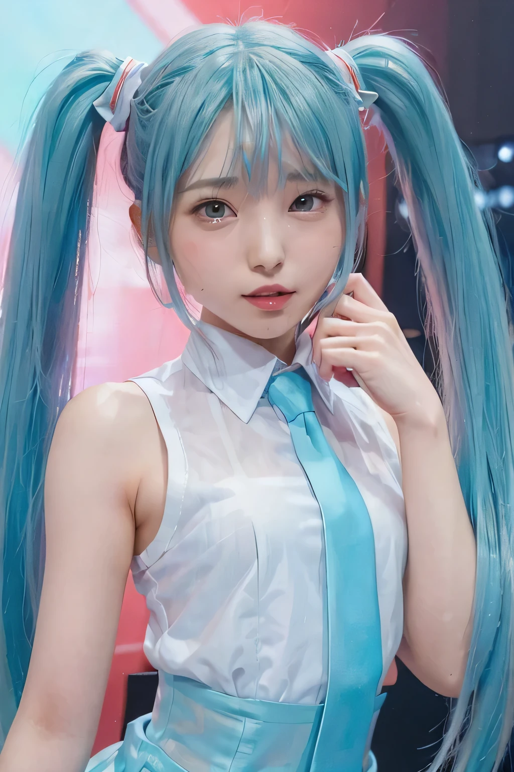 {The theme is Hatsune Miku}、(White Sleeveless Long Shirt:1.3)、turquoise tie、 (Red hairpin、twin tails、crazy turquoise long hair:1.3)、, shiny hair, expressive hair, crystal hair, gradient eyes, Artistic, conceptual art, glitter effect , shine, UHD, retina, masterpiece, Accurate, anatomically correct, Super detailed, high detail, fine skin,((flat body、slim、cute:1.3))、holographic background