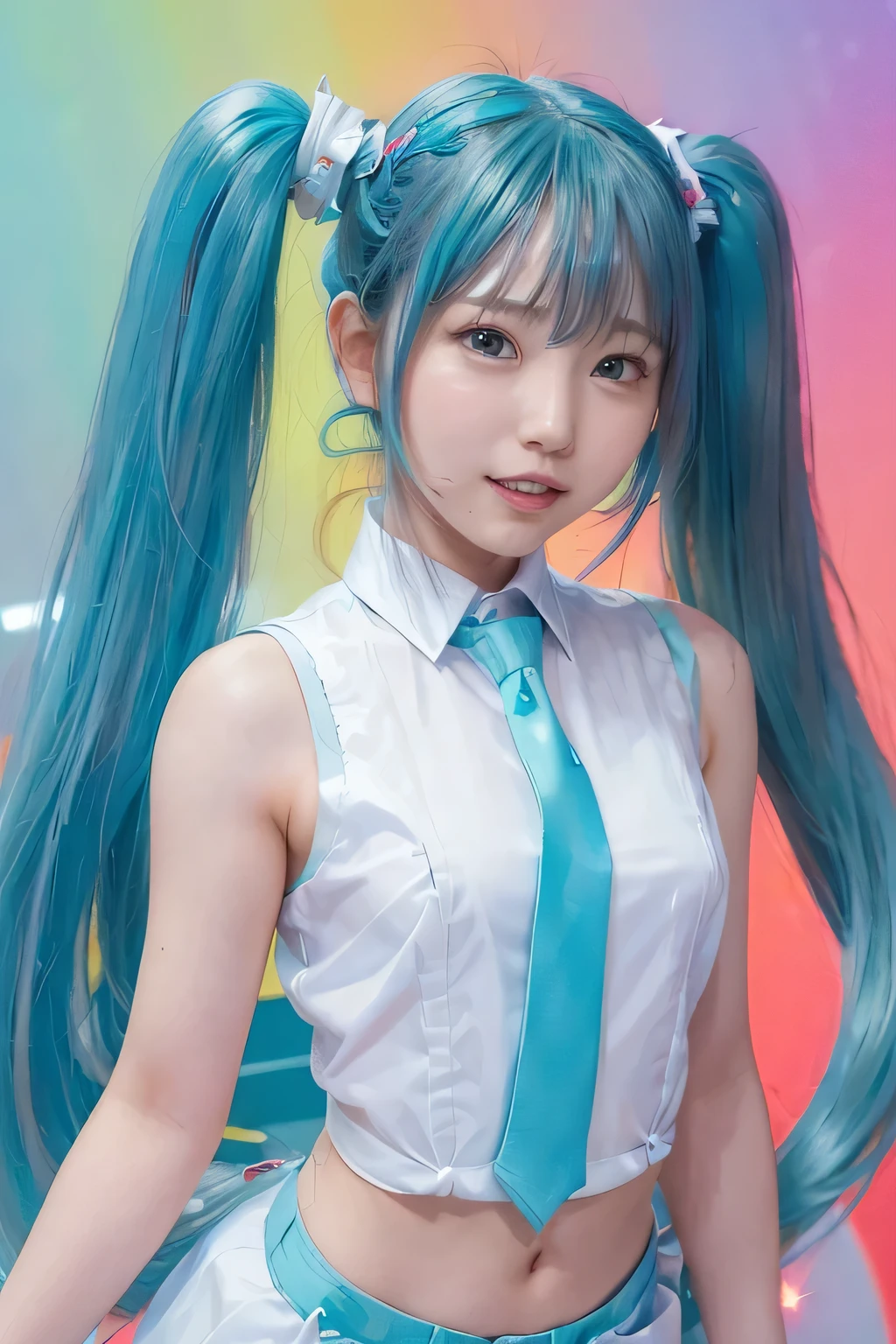 {O tema é Hatsune Miku}、(Camisa longa branca sem mangas:1.3)、Gravata turquesa、 (Grampo de cabelo vermelho、Caudas duplas、cabelo longo turquesa maluco:1.3)、, Cabelo brilhante, cabelo expressivo, cabelo de cristal, olhos gradientes, artístico, Arte conceitual, Efeito brilho , brilhar, Ultra HD, retina, obra de arte, preciso, Anatomicamente correto, super detalhado, alto detalhe, Pele fina,((Corpo plano、Magro、bonitinho:1.3))、fundo holográfico