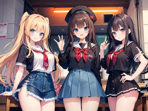 （gal game cover style） high school student、3 unique girls