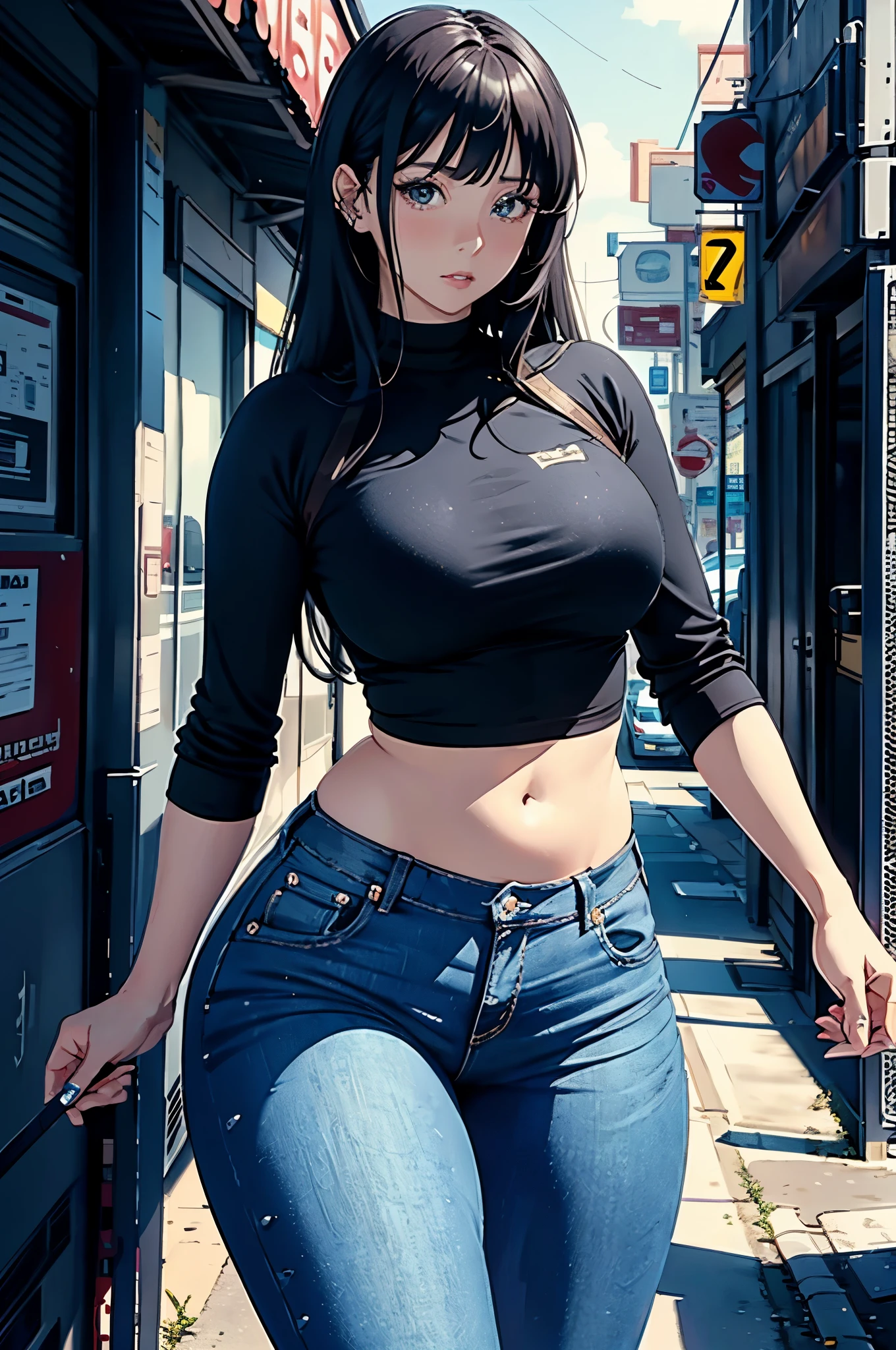 Anime girl in jeans and a black top posing on a street corner - SeaArt AI