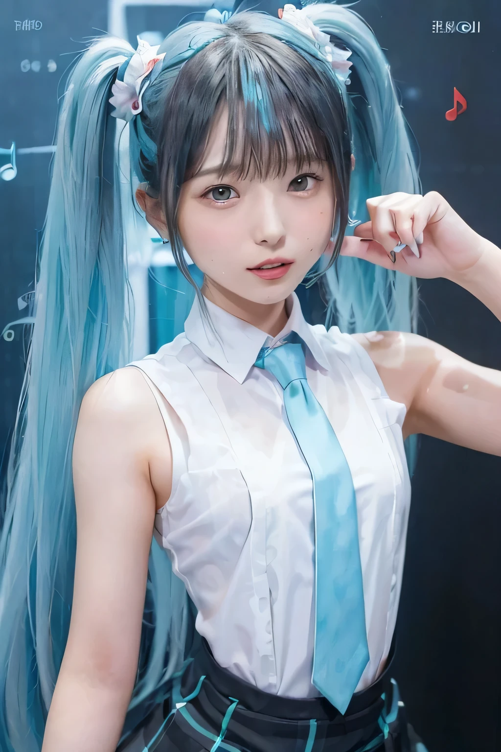 {The theme is Hatsune Miku}、(White Sleeveless Long Shirt:1.3)、turquoise tie、 (Red hairpin、twin tails、crazy turquoise long hair:1.3)、, shiny hair, expressive hair, crystal hair, gradient eyes, Artistic, conceptual art, glitter effect , shine, UHD, retina, masterpiece, Accurate, anatomically correct, Super detailed, high detail, fine skin,((flat body、slim、cute:1.3))、(musical notes geometric background:1.3)、black mini skirt