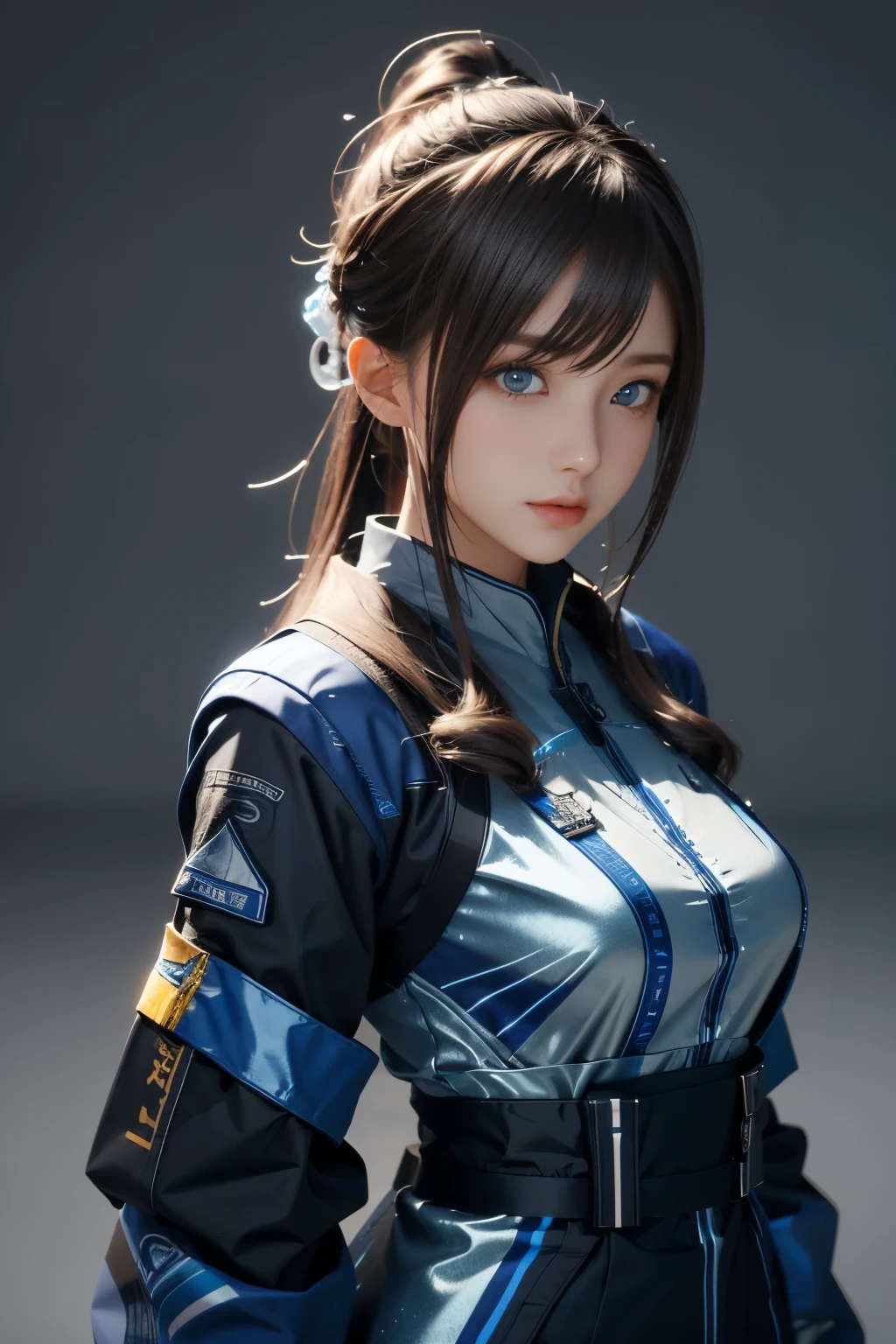 art du jeu，La meilleure qualité d&#39;image，la plus haute résolution，8k，((Une photographie de buste))，((portrait))，(Règle des tiers)，Le rendu Unreal Engine 5 fonctionne， (La fille du futur)，(Guerrière)，fille de 22 ans，(Une coiffure longue queue de cheval avec des nuances de rouge et de bleu)，(Un bel oeil plein de détails)，(gros seins)，Élégant et charmant，Sourire，(froncer les sourcils)，(Des vêtements pleins de style science-fiction futuriste，pull-over，Un motif délicat，Des bijoux scintillants)，personnages cyberpunk，style futuriste， poses de photos，fond de rue，lumières de cinéma，tracé laser，jeu cg，((Moteur irréel 3D))，Modèle de réflexion du rendu OC