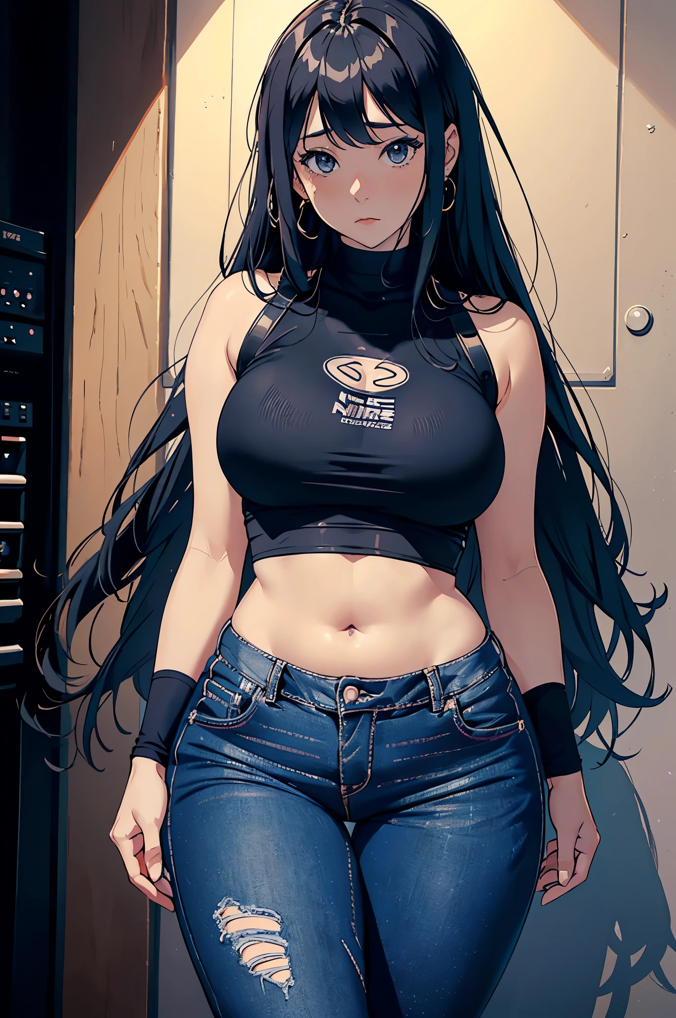 Anime girl with long black hair and a black top - SeaArt AI