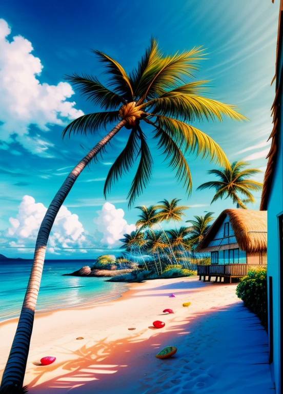 peaceful beach scenery, with a beautiful sunset, clear blue sea water, sands, Palm trees swaying gently in the wind, Colorful seashells scattered on the shore, Cozy beach house with thatched roof, Hammock hanging between two trees, A small boat sailing far away, Vibrant, saturated colors, soft golden lighting.