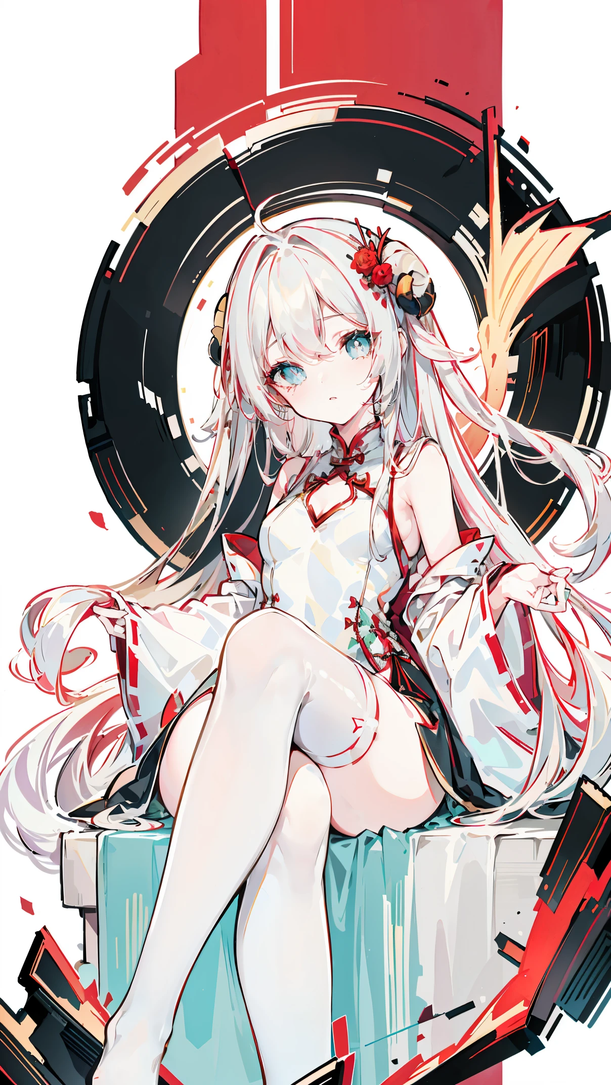 a girl，Sheep&#39;s horn, full color,  long white hair, Red eyes ，Eyeliner,  black transparent clothes, Red, open air, Rose, night, ruins, Butterfly，mine same as the original, mine, , (:1.2)
rest, (cheongsam), (view from below), (Put your arms behind your back), (wild lift), thin dress, Crotch cutout, best quality, high resolution, unified 8k wallpaper, (illustration:0.8), (Beautiful and delicate eyes:1.6), extremely detailed face, perfect lighting, Very detailed cg, (perfect hands, perfect anatomy),soles of feet，sitting，blond，red lips，Acting cute，Feet close up，up-close，Complete feet，white stockings，close up