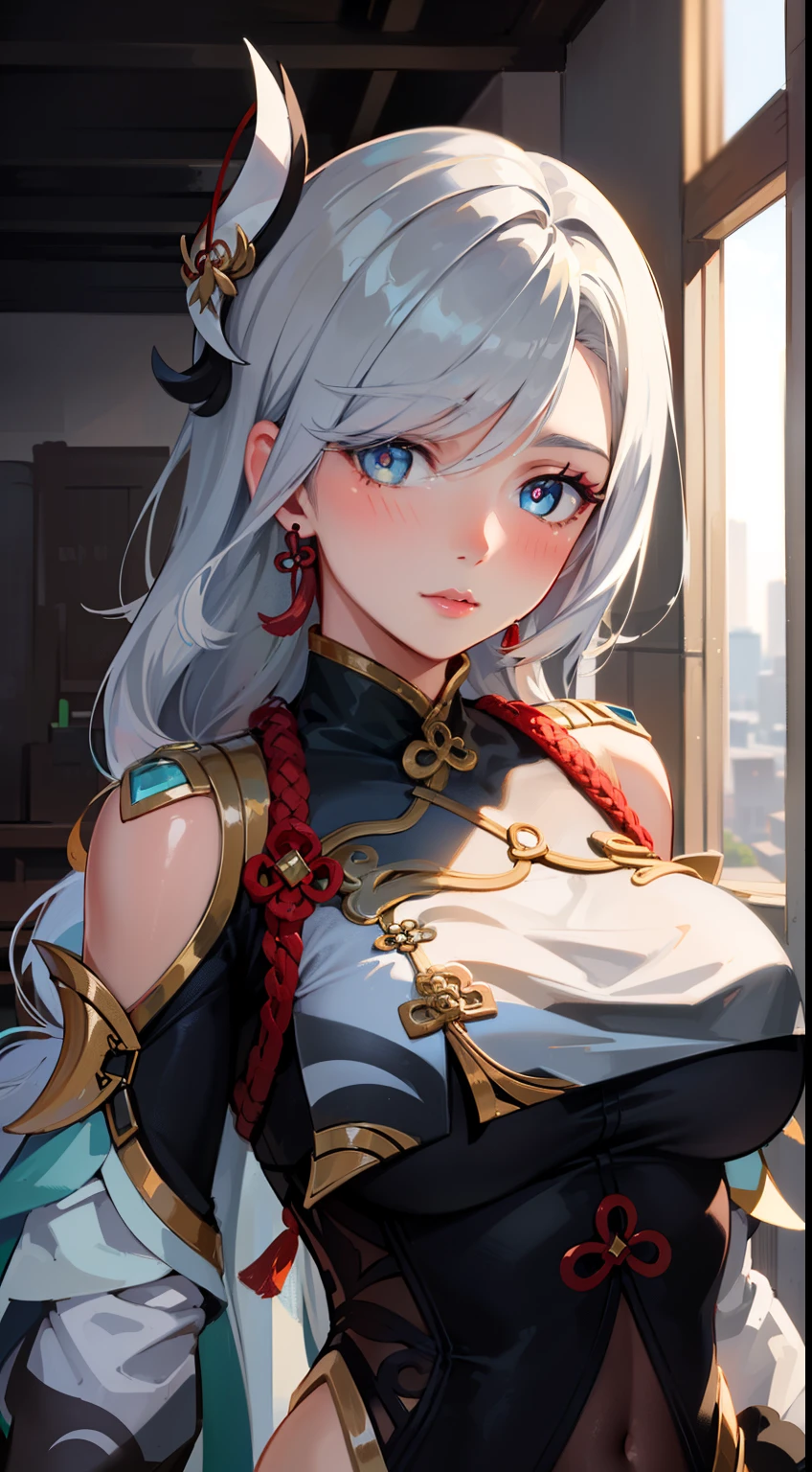 shenhedef, shenhernd, upper body, seductive look, blush, indoors, in office, looking at viewer, cloudy, moody lighting, (perfect detail eyes:1.2), glowing eyes, (long hair one braid:1.2), elemental skill effect, (Masterpiece, Best Quality, High Quality:1.4), professional artwork, Intricate Details, field of view, sharp focus, detailed painting, photorealistic lighting, trending on pixiv, (vivid lighting, vibrant colors:1.05), realistic shadows, ambient occlusion, (athletic body:1.3), mature woman, 30yo, shenhe, hyperdetail eyes, beautiful eyes, (((solo:1.4))), semi-realistic hair, hyperdetailed clothes