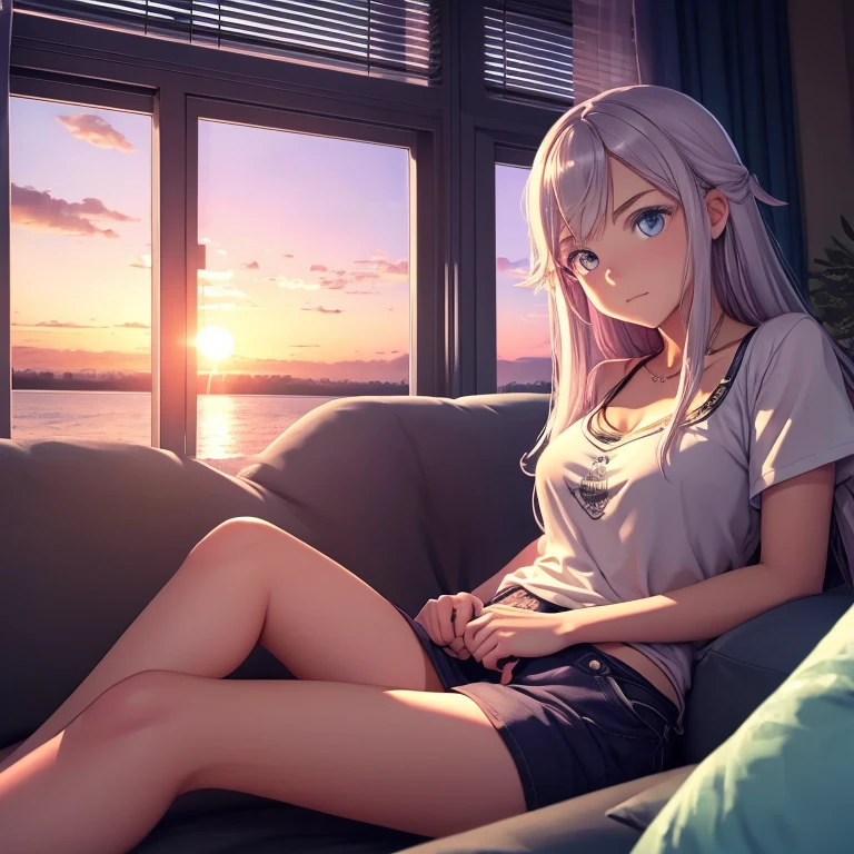 Teenage girl sitting on a couch watching the sunset from her luxurious apartment, la chica es tetona y culona tiene el pelo blanco y ojos plateados usa minifalda y blusa con escote