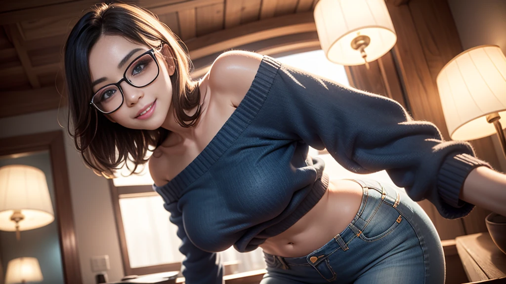 Masterpiece, Real Photo, Best Quality, UHD, 16K, 1 Woman, Solo, Smile, Beautiful Detailed Face, Long Eyes, Best Makeup, Delicate Skin, Navy Off-Shoulder Sweater, Light Blue Denim Hot Pants, black-rimmed glasses, leaning forward, looking at viewer, warm lighting, from below,
