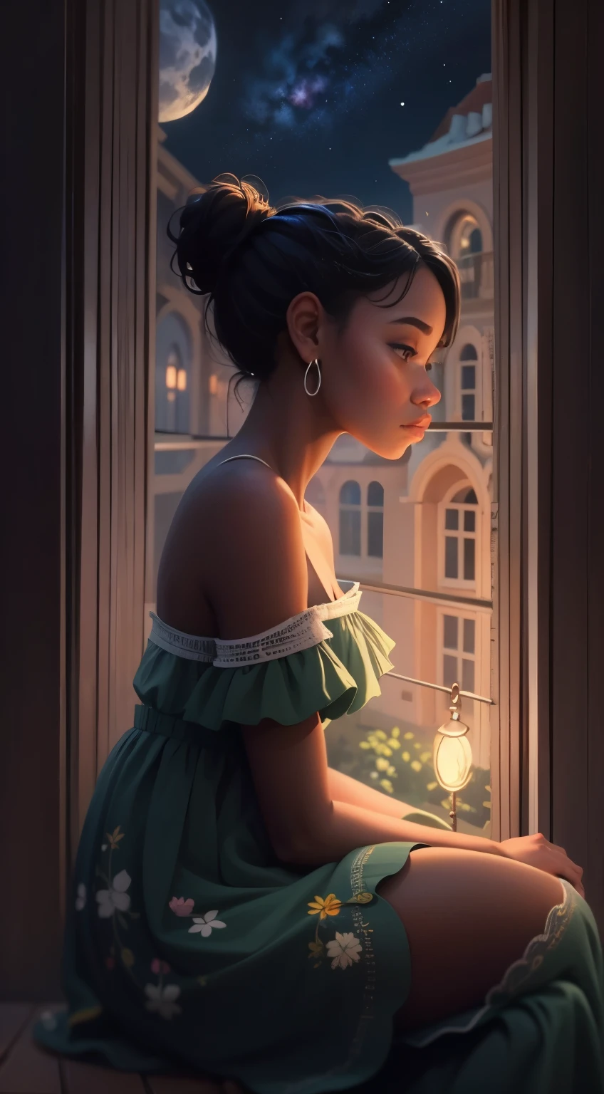 masterpiece, best quality, side profile of an extremely delicate and beautiful girl with dark skin, wearing an off the shoulder dress, resting on a windowsill, nightcore, world masterpiece theater, ultra-detailed, highly detailed, highres, extremely detailed,1girl with dark skin ,illustration, looking at the night sky, beautiful interior and exterior, impasto, canvas, oil painting, realistic, storybook style art, cozy atmosphere 