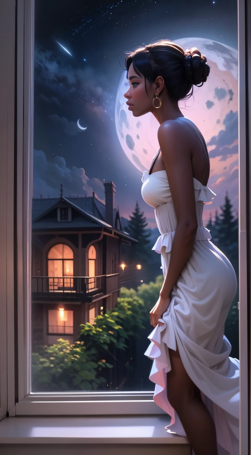 masterpiece, best quality, side profile of an extremely delicate and beautiful girl with dark skin, wearing an off the shoulder dress, resting on a windowsill, nightcore, world masterpiece theater, ultra-detailed, highly detailed, highres, extremely detailed,1girl with dark skin ,illustration, looking at the night sky, beautiful interior and exterior, impasto, canvas, oil painting, realistic, storybook style art, cozy atmosphere 