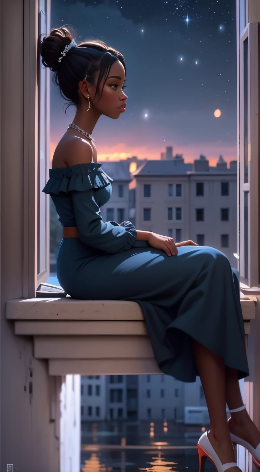 masterpiece, best quality, side profile of an extremely delicate and beautiful girl with dark skin, wearing an off the shoulder dress, resting on a windowsill, nightcore, world masterpiece theater, ultra-detailed, highly detailed, highres, extremely detailed,1girl with dark skin ,illustration, looking at the night sky, beautiful interior and exterior, impasto, canvas, oil painting, realistic, storybook style art, cozy atmosphere 