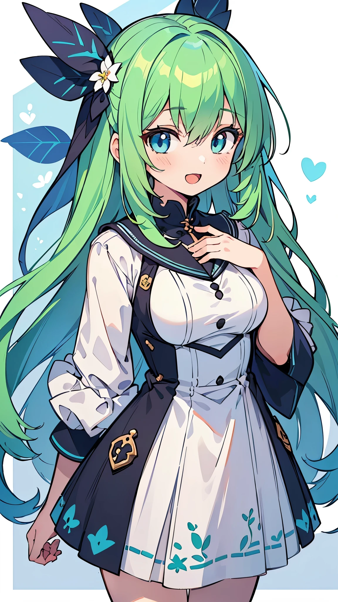 ((A Pretty little girl with green hair and blue eyes)), ((wearing White one piece dress)), Loli face, ((master piece, top-quality, ultra-definition, high resolution)), anime girl, ((ultra-detailed illust:1.2)), only one person, bangs, hair between eye, beautiful hair, Beautiful eyes, Medium breasts, Big smile, opened mouth, enjoying