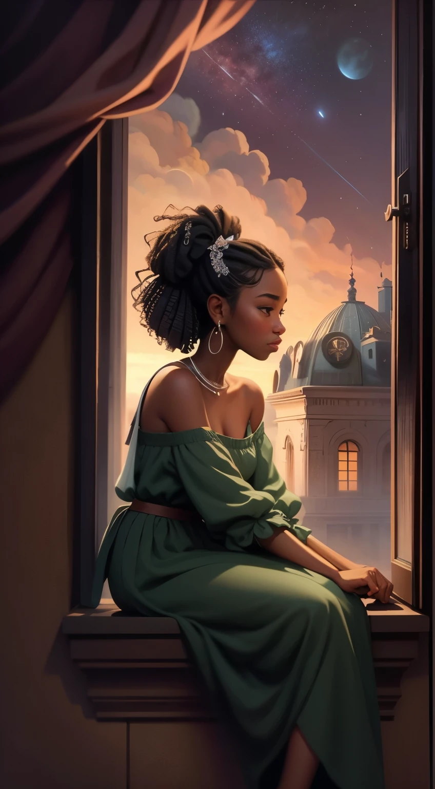 masterpiece, best quality, side profile of an extremely delicate and beautiful girl with dark skin, wearing an off the shoulder dress, resting on a windowsill, nightcore, world masterpiece theater, ultra-detailed, highly detailed, highres, extremely detailed,(1girl with dark skin1:1) ,illustration, looking at the night sky, beautiful interior and exterior, impasto, canvas, oil painting, realistic, storybook style art, cozy atmosphere 