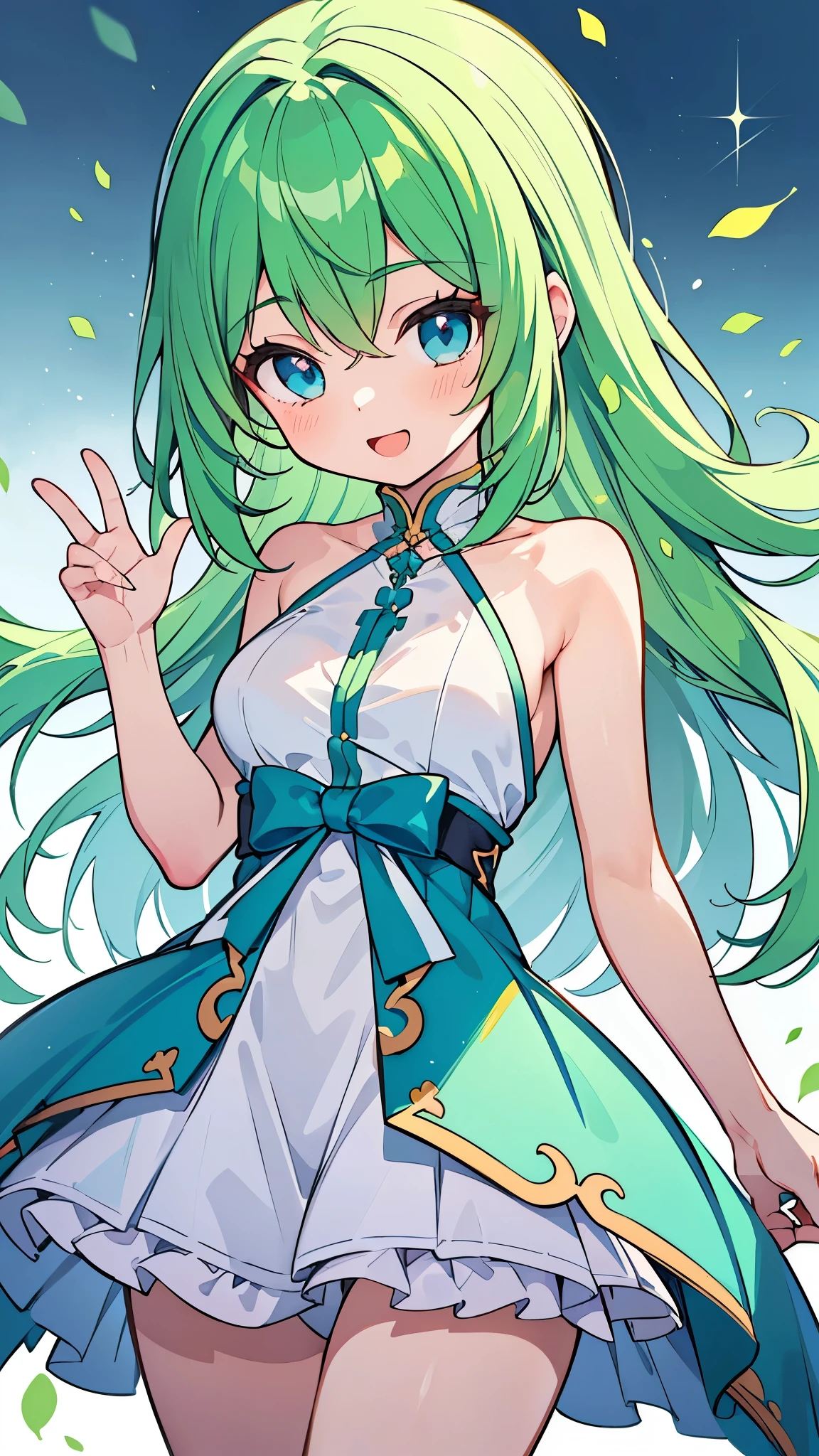 ((A Pretty little girl with green hair and blue eyes)), ((wearing White one-piece dress)), Loli face, ((master piece, top-quality, ultra-definition, high resolution)), anime girl, ((ultra-detailed illust:1.2)), only one person, bangs, hair between eye, beautiful hair, Beautiful eyes, Medium breasts, Big smile, opened mouth, enjoying