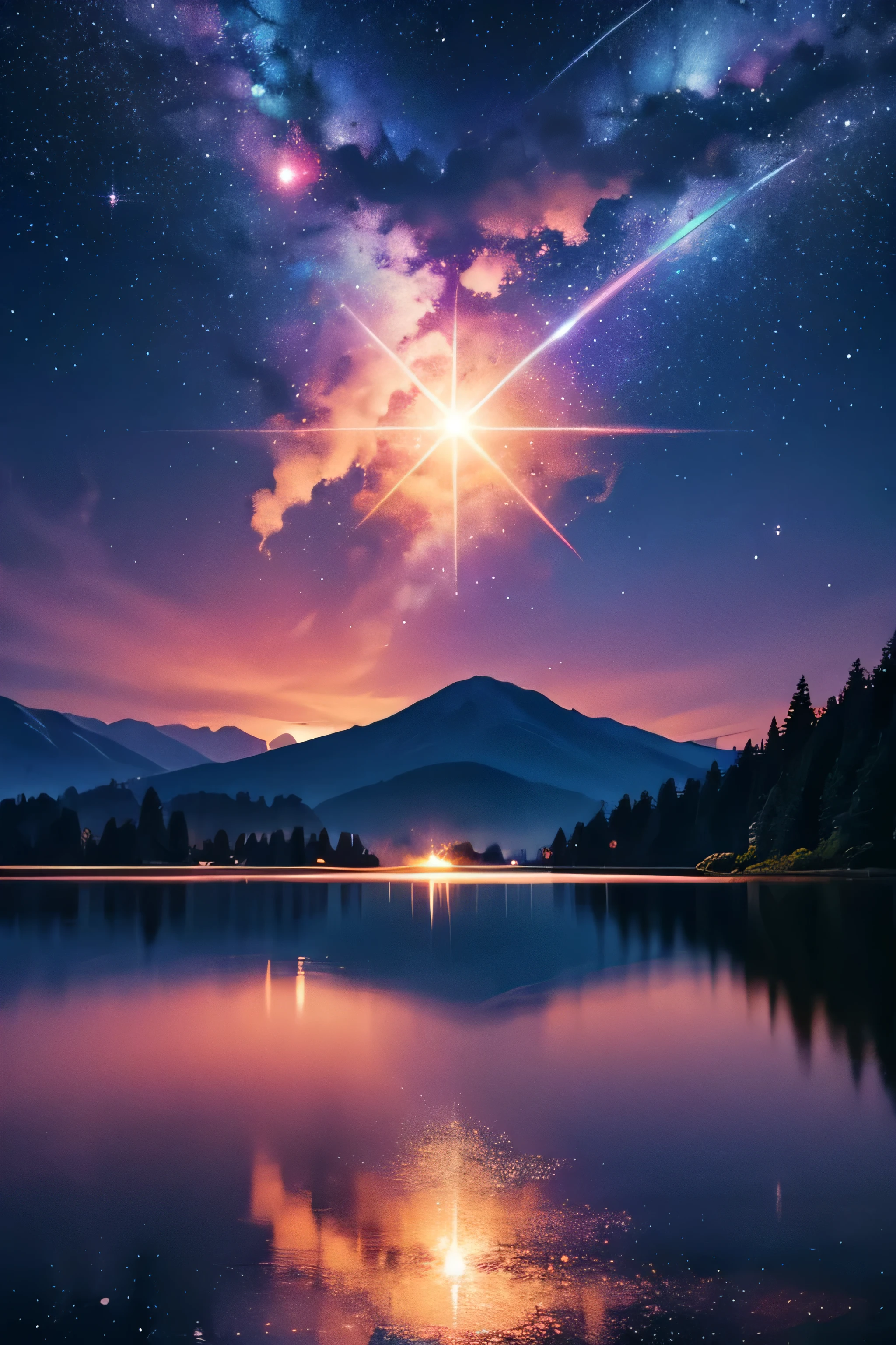 Generate an image of a spring night over a lake reflecting a star-filled universe, vibrant colors, and the onset of dawn