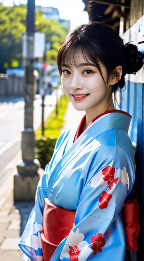 (Light blue and red kimono:1.2)、(Kyo Yuzen:1.2)、(Floral)、(long sleeve)、(Furisode:1.2)、1 female、16 years old、Full body Esbian、bla...