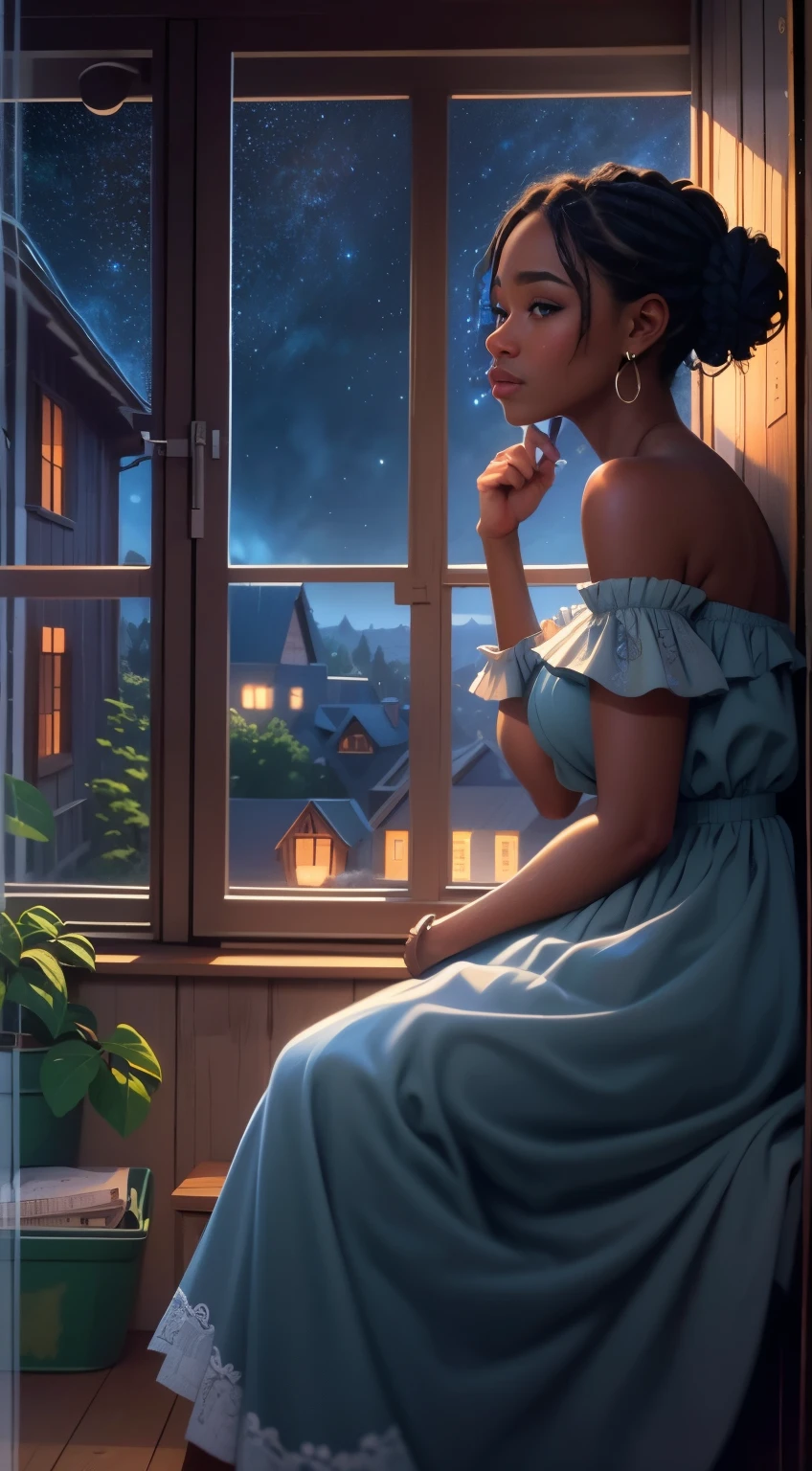 masterpiece, best quality, side profile of an extremely delicate and beautiful girl with dark skin, wearing an off the shoulder dress, resting on a windowsill, nightcore, world masterpiece theater, ultra-detailed, highly detailed, highres, extremely detailed,1girl with dark skin ,illustration, looking at the night sky, beautiful interior and exterior, impasto, canvas, oil painting, realistic, storybook style art, cozy atmosphere 