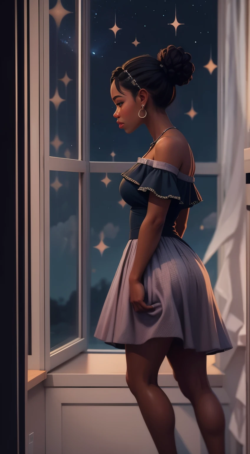 masterpiece, best quality, side profile of an extremely delicate and beautiful girl with dark skin, wearing an off the shoulder dress, resting on a windowsill, nightcore, world masterpiece theater, ultra-detailed, highly detailed, highres, extremely detailed,1girl with dark skin ,illustration, looking at the night sky, beautiful interior and exterior, impasto, canvas, oil painting, realistic, storybook style art, cozy atmosphere 