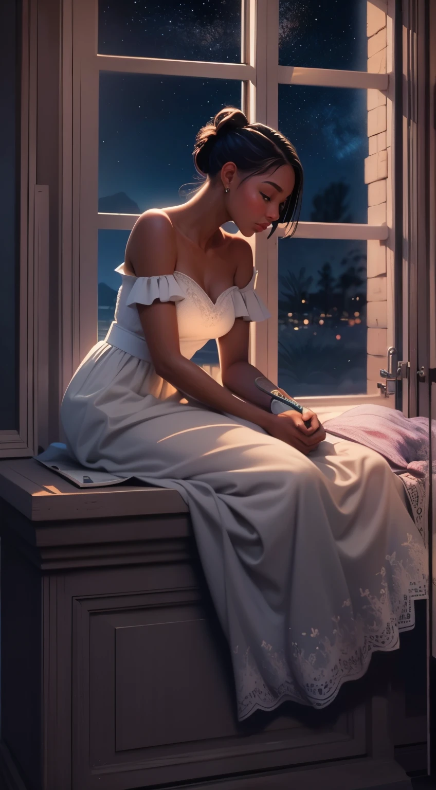 masterpiece, best quality, side profile of an extremely delicate and beautiful girl with dark skin, wearing an off the shoulder dress, resting on a windowsill, nightcore, world masterpiece theater, ultra-detailed, highly detailed, highres, extremely detailed,1girl with dark skin ,illustration, looking at the night sky, beautiful interior and exterior, impasto, canvas, oil painting, realistic, storybook style art, cozy atmosphere 