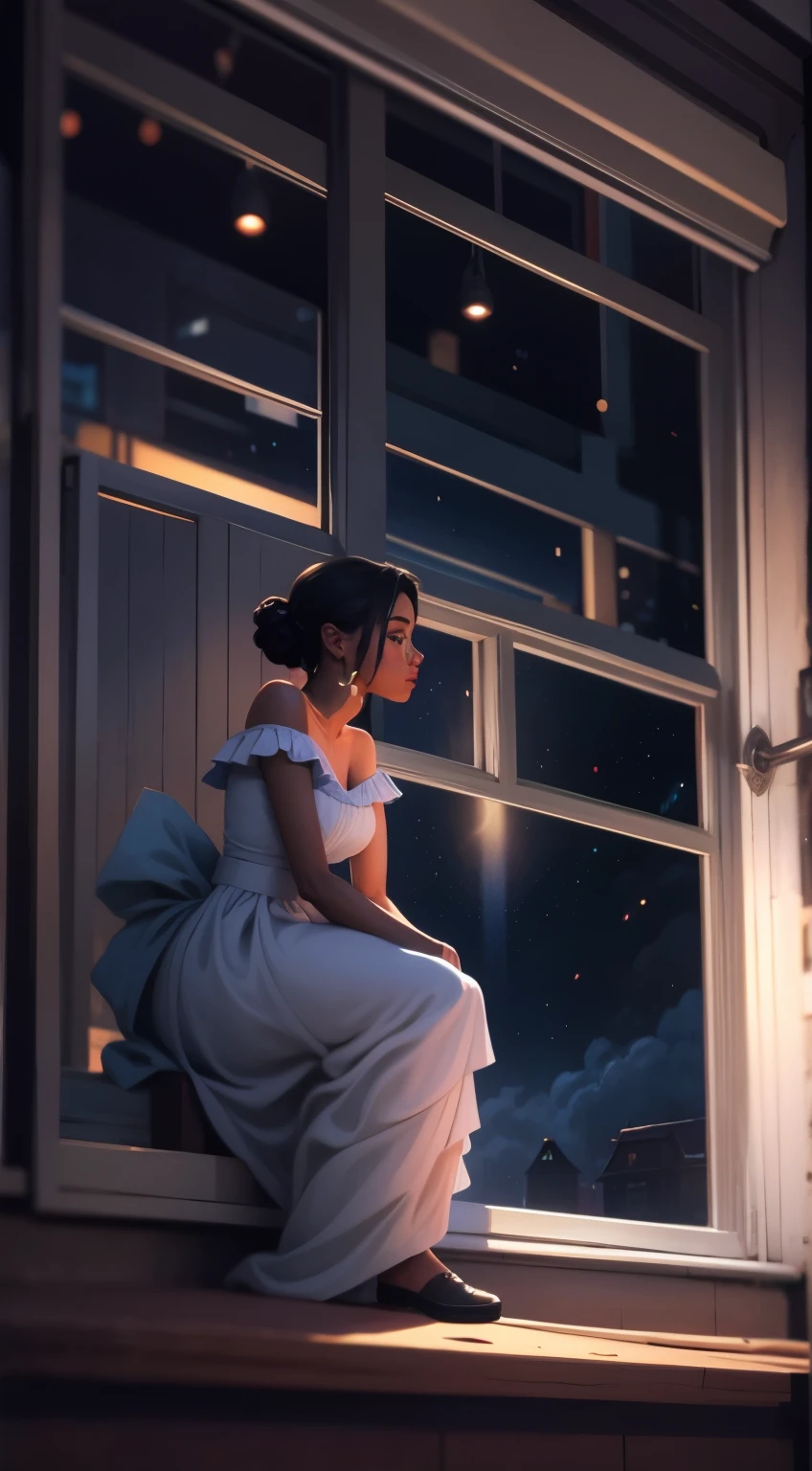 masterpiece, best quality, side profile of an extremely delicate and beautiful girl with dark skin, wearing an off the shoulder dress, resting on a windowsill, nightcore, world masterpiece theater, ultra-detailed, highly detailed, highres, extremely detailed,1girl with dark skin ,illustration, looking at the night sky, beautiful interior and exterior, impasto, canvas, oil painting, realistic, storybook style art, cozy atmosphere 