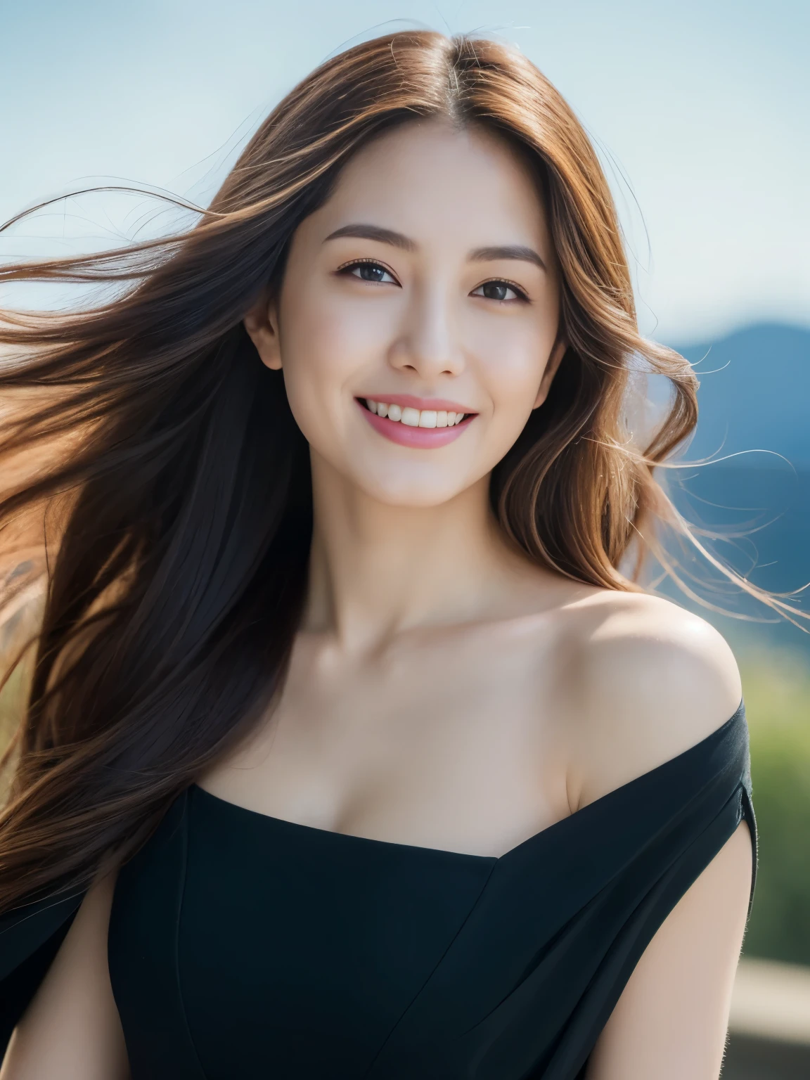 ((Angelina Sole)),((highest quality, 8K, masterpiece : 1.3)), sharp focus : 1.2, beautiful woman with perfect figure : 1.4, slim abs : 1.2, ((dark brown hair)), (Natural light, city street : 1.1), Highly detailed face and skin texture, fine eyes, double eyelid、((professional makeup:1.3))、((sexy milf:1.3))、thick lips、lip gloss、eye make up、hair blowing in the wind、smile