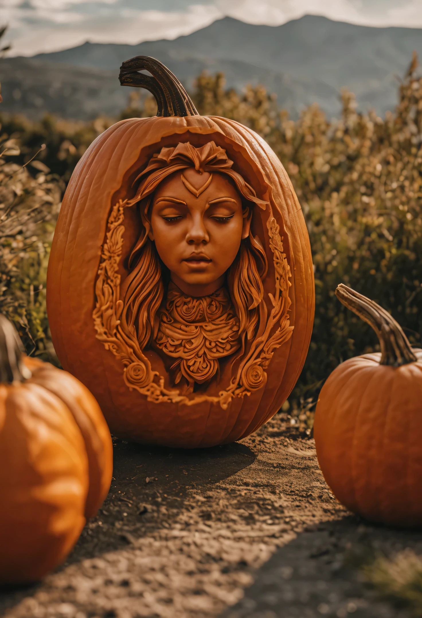 (8K, RAW photo, highest quality, masterpiece:1.2), professional photography, Pumpkin carving, carefully carved pumpkin, 