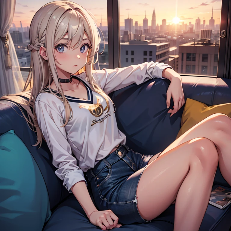 Teenage girl sitting on a couch watching the sunset from her luxurious apartment, la chica es tetona y culona tiene el pelo blanco y ojos plateados usa minifalda y blusa con escote, pelo liso, estilo anime