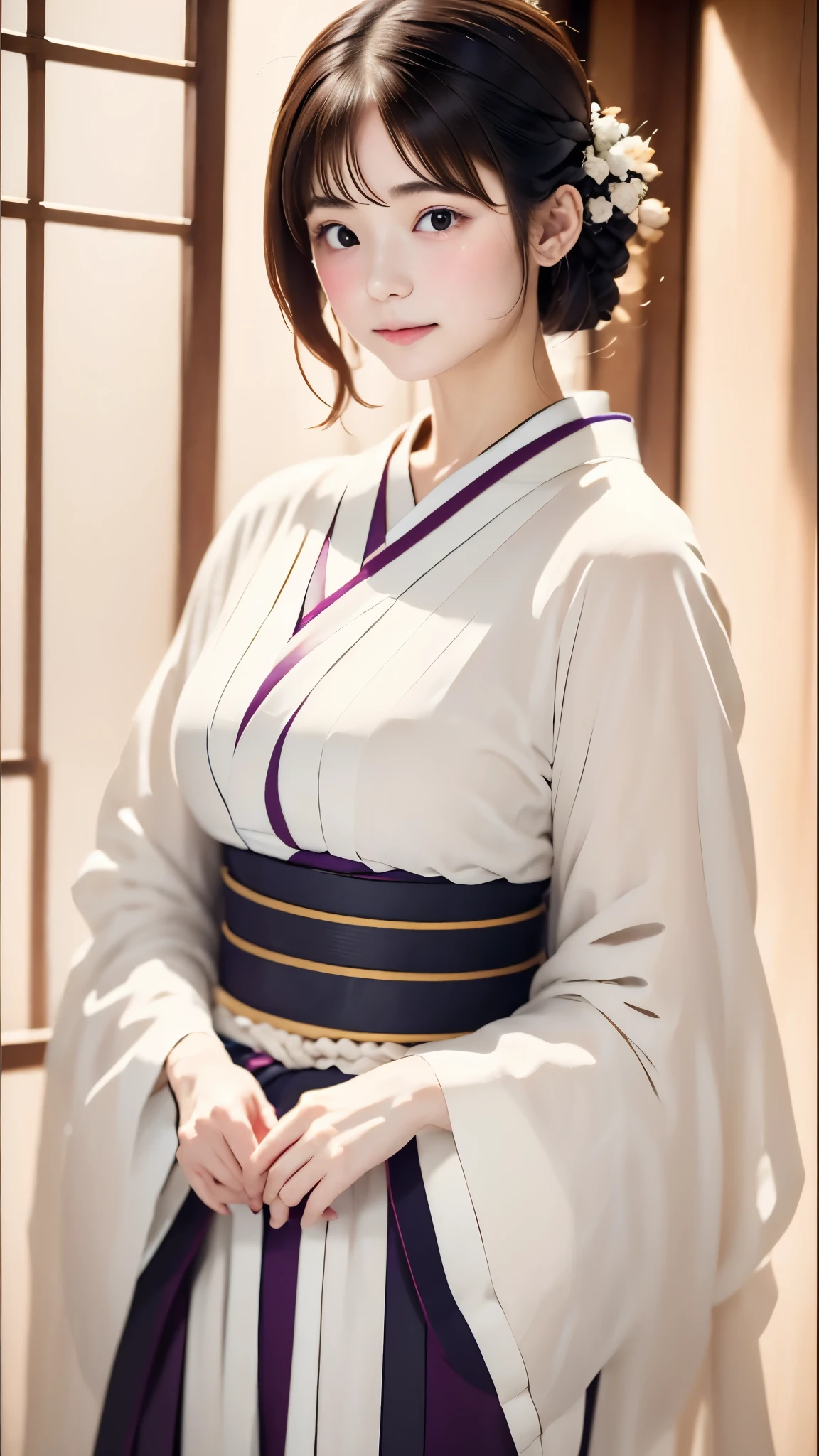 (((白い世界、白色の背景)))、生、リアルスティック、現実的、とてもかわいい女性、完璧な美貌、ナチュラルな見た目、ノーメイク、ふっくらとした脂肪美しい黒髪、yamato nadeshiko、美しい薄紫色の着物、Nishijin-ori kimono、とても繊細な着物の柄、美しい角度、優雅なポーズ、白色の背景、背景白、顔に焦点を当てる、上半身の角度、最高品質、高解像度、傑作:1.または特性、８ｋ、50ｍｍレンズ、完璧な照明、プロカメラマン