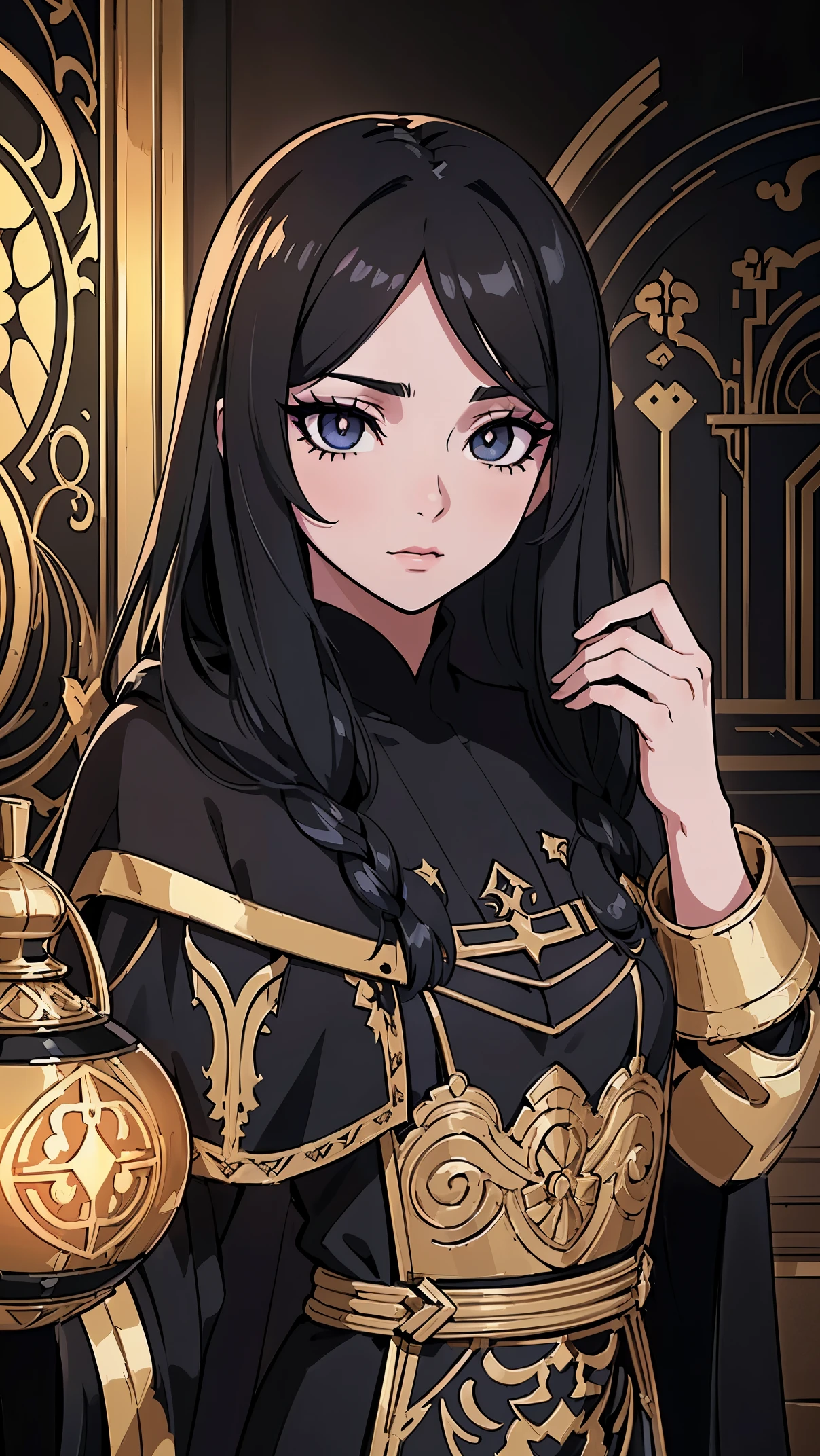 (Anime,Girl1,black long hair, black eyes,Long eyelashes,Black eye shadow),(Black and gold Arabic abaya dress),(Highly detailed CG,module,8K wallpapers,magic items)،(Highest quality, high resolution, beautiful lighting, realistic shadow, high resolution)،(Detailed skin, highly detailed, detailed faces and eyes, realistic eyes) 